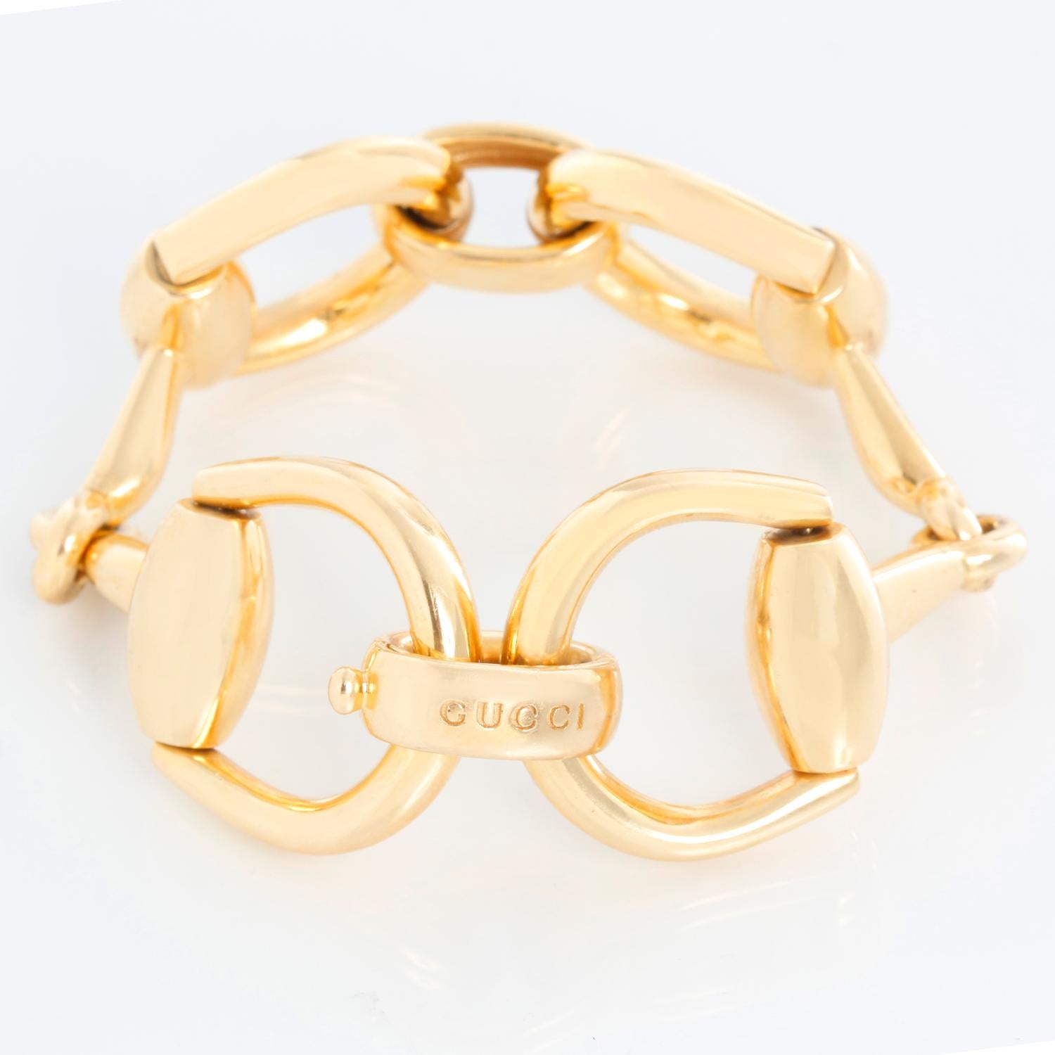 Gucci 18K Yellow Gold Horsebit Large Link Bracelet - 18k yellow gold Horsebit Large Link Bracelet by Gucci. Length 7.5 inches. Width 1 inch. Weight 53.7 grams. Hallmarks: Gucci Made in Italy 750 16. Pre-owned with custom box . 