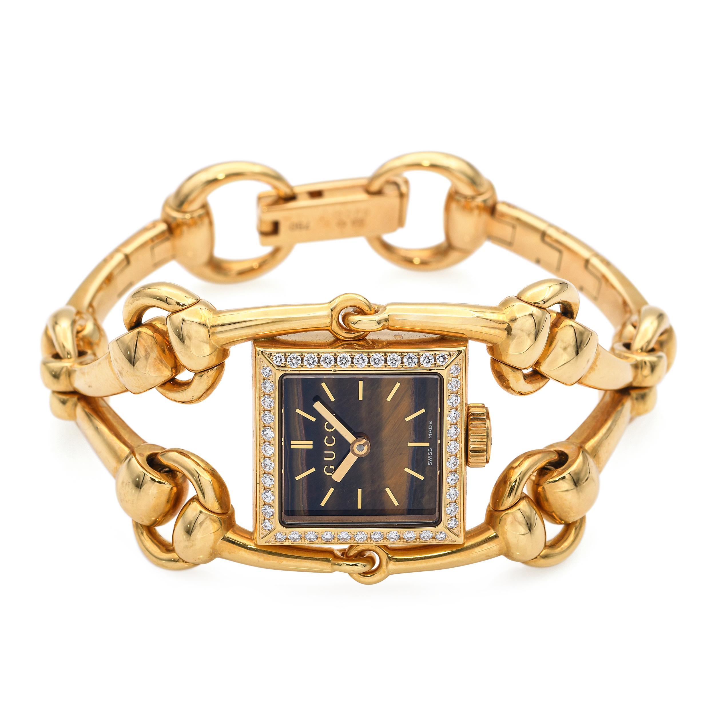 Gucci 18K Gelbgold Horsebit 'Signoria' Diamant Lünette Tigers Eye Damenuhr im Zustand „Hervorragend“ im Angebot in New York, NY
