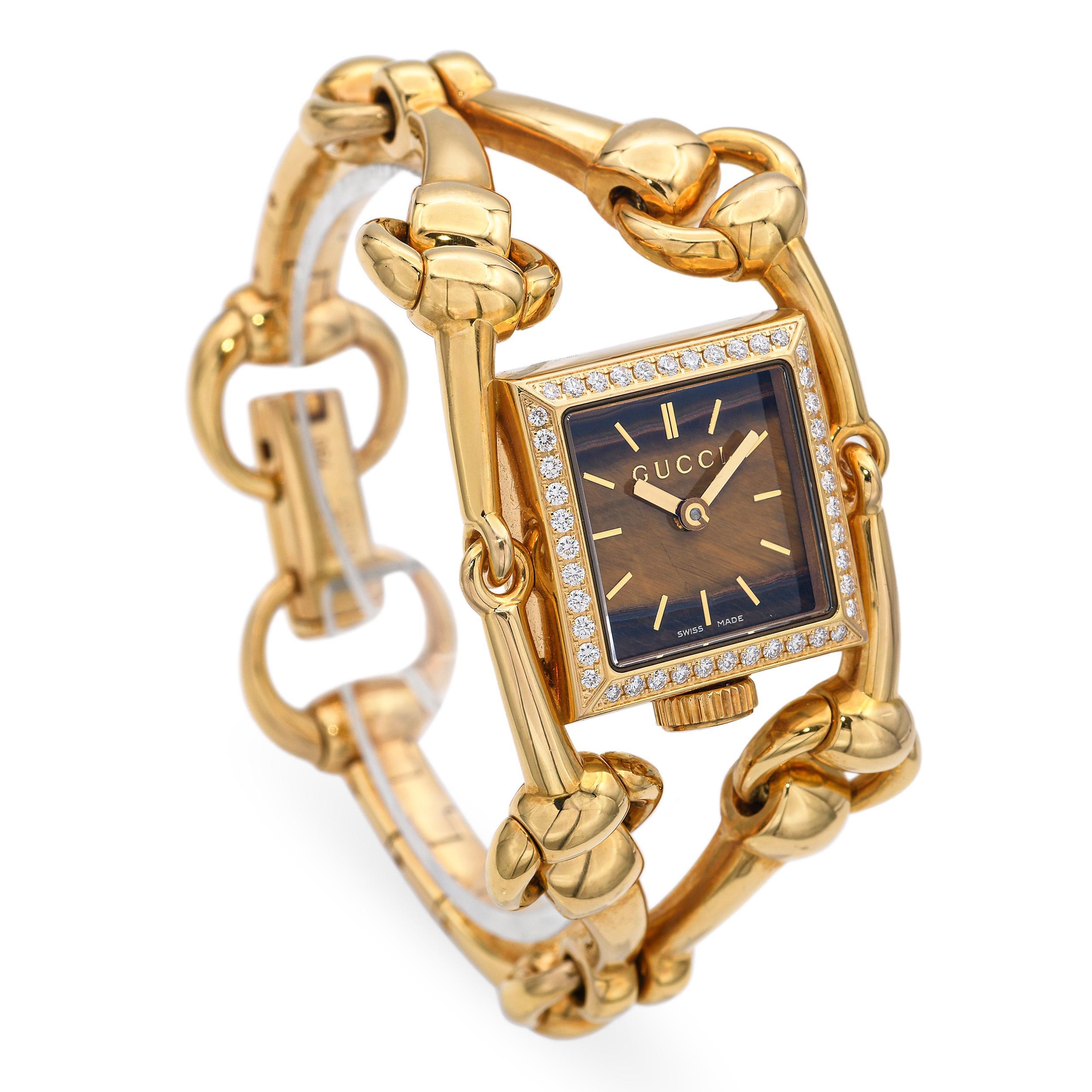 Gucci 18K Gelbgold Horsebit 'Signoria' Diamant Lünette Tigers Eye Damenuhr im Angebot 1