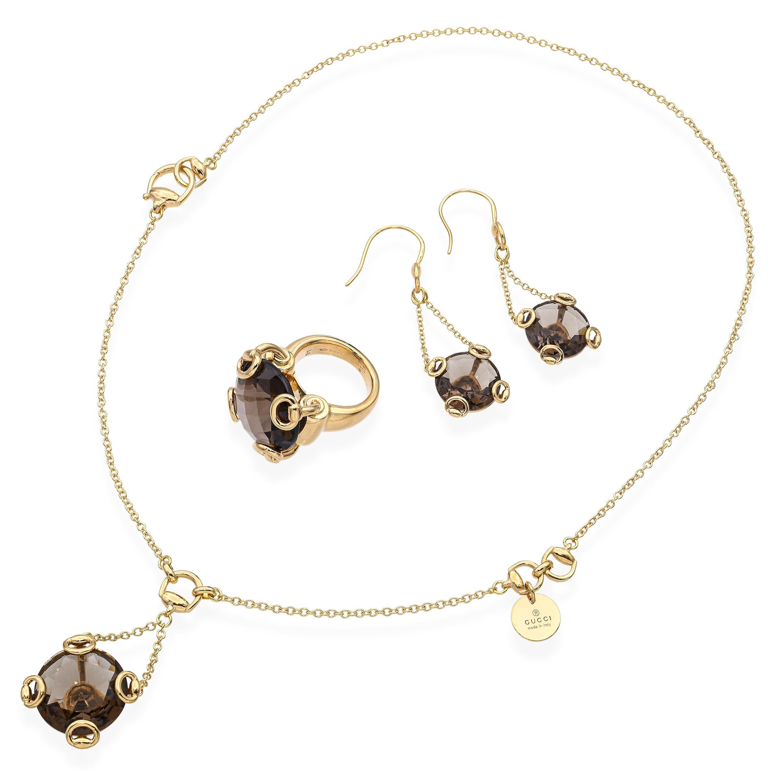 Donna Gucci Collana, orecchini e anello con quarzo fumé in oro giallo 18k in vendita