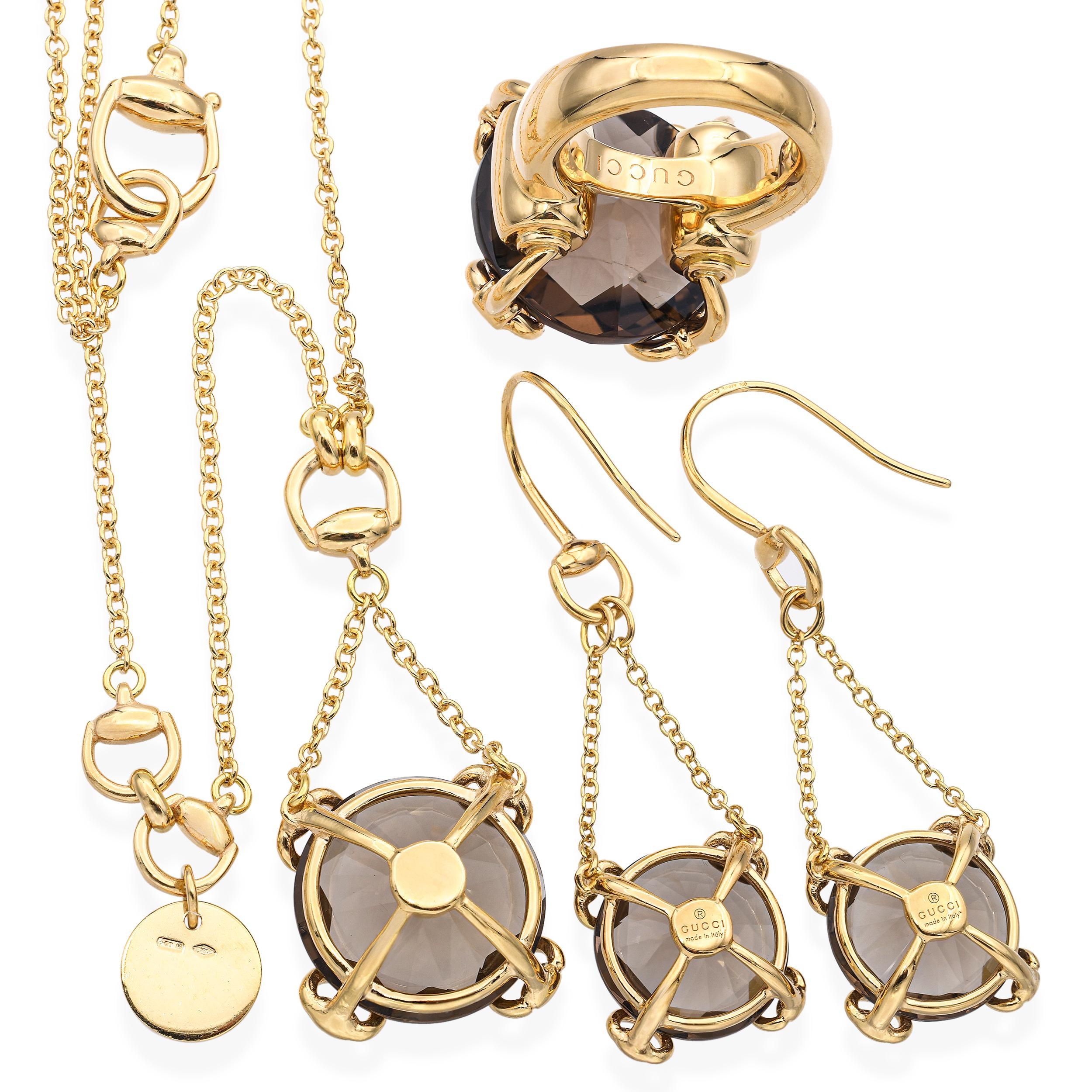 Gucci Collana, orecchini e anello con quarzo fumé in oro giallo 18k in vendita 3