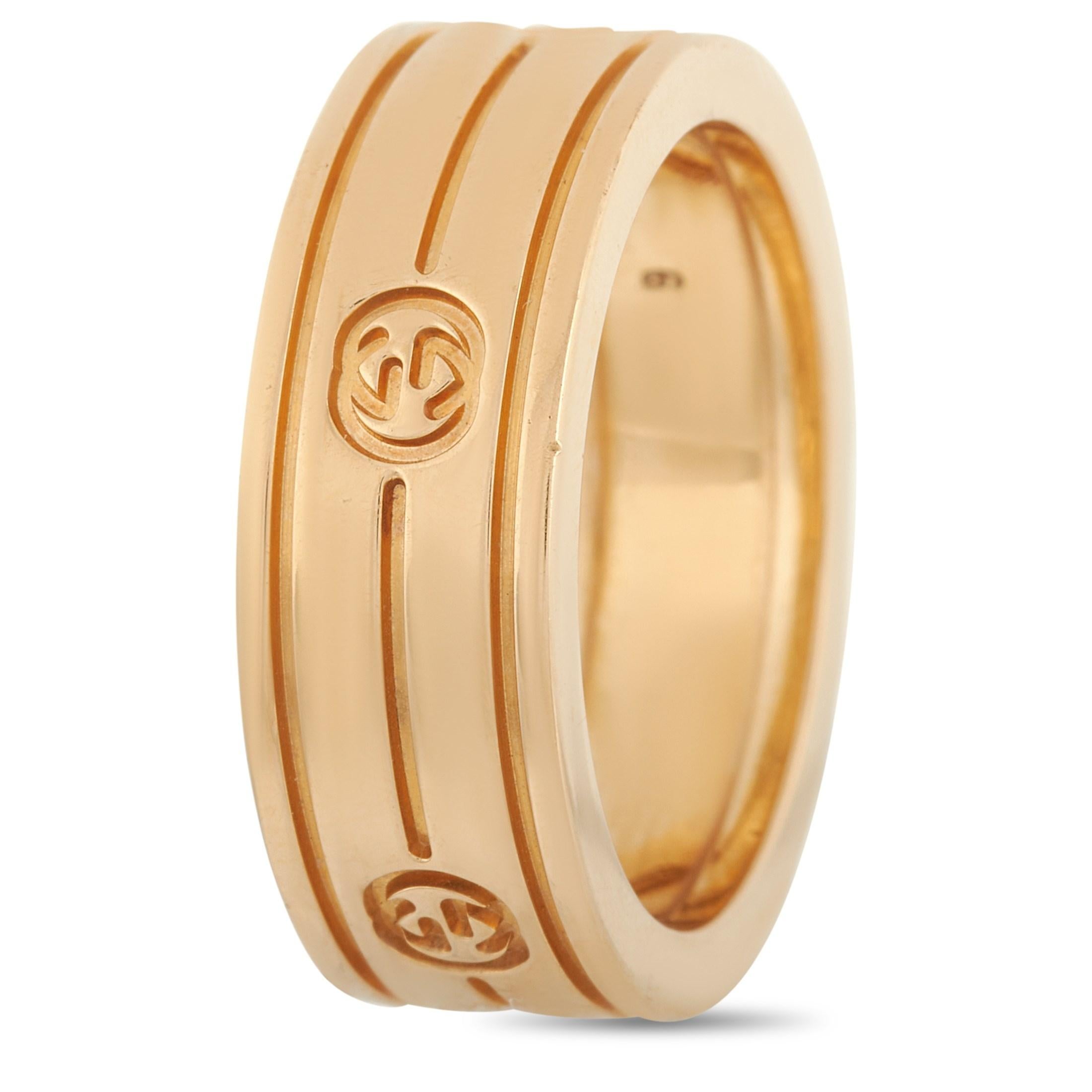 This Gucci 18K Yellow Gold Band Ring is a classy band full of Gucci style. The ring is made with 18K Yellow Gold and features the Gucci interlocking G logo throughout the band. The ring has a band thickness of 6 mm with a total weight of 7.9 grams.
