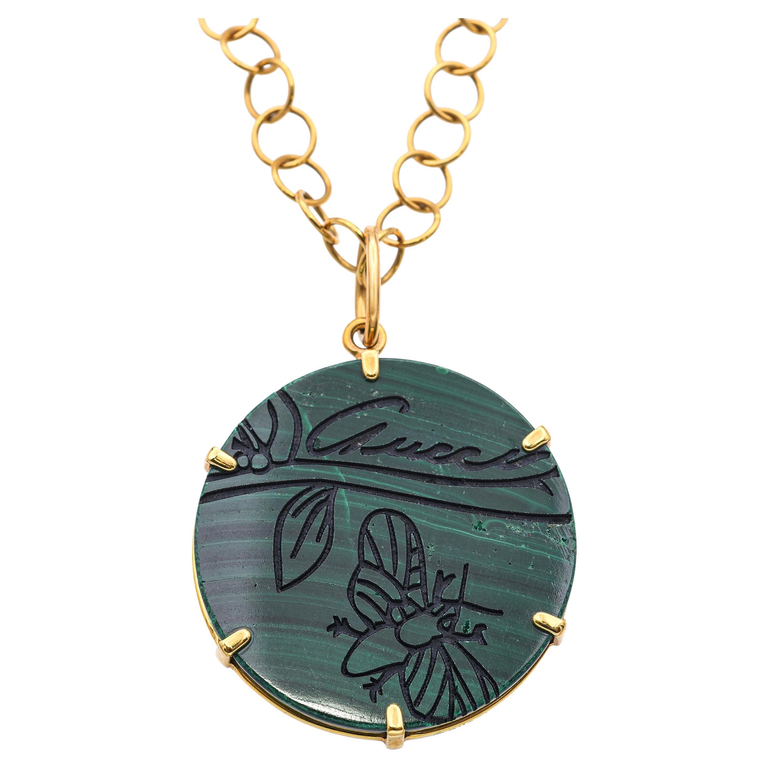 Gucci 18K Yellow Gold Malachite Flora St. Tropez Pendant Necklace For Sale