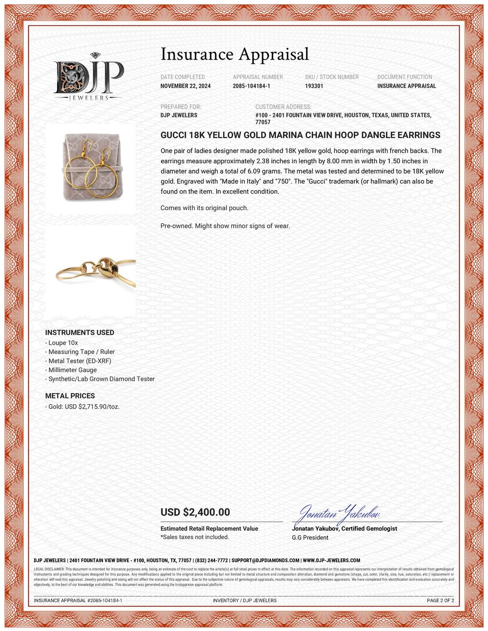 Gucci 18K Yellow Gold Marina Chain Hoop Dangle Earrings 4