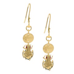 Gucci 18 Karat Yellow Gold Scarab Malachite Diamond Ladies Earrings 0.15 Carat