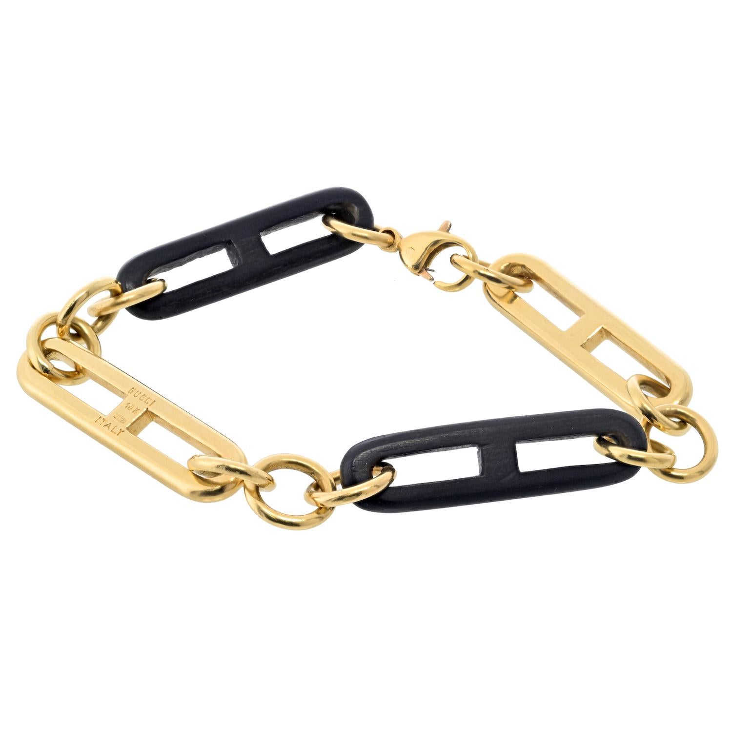 Moderno Gucci Bracciale A Link in Oro Giallo 18K e Legno Nero Vintage in vendita