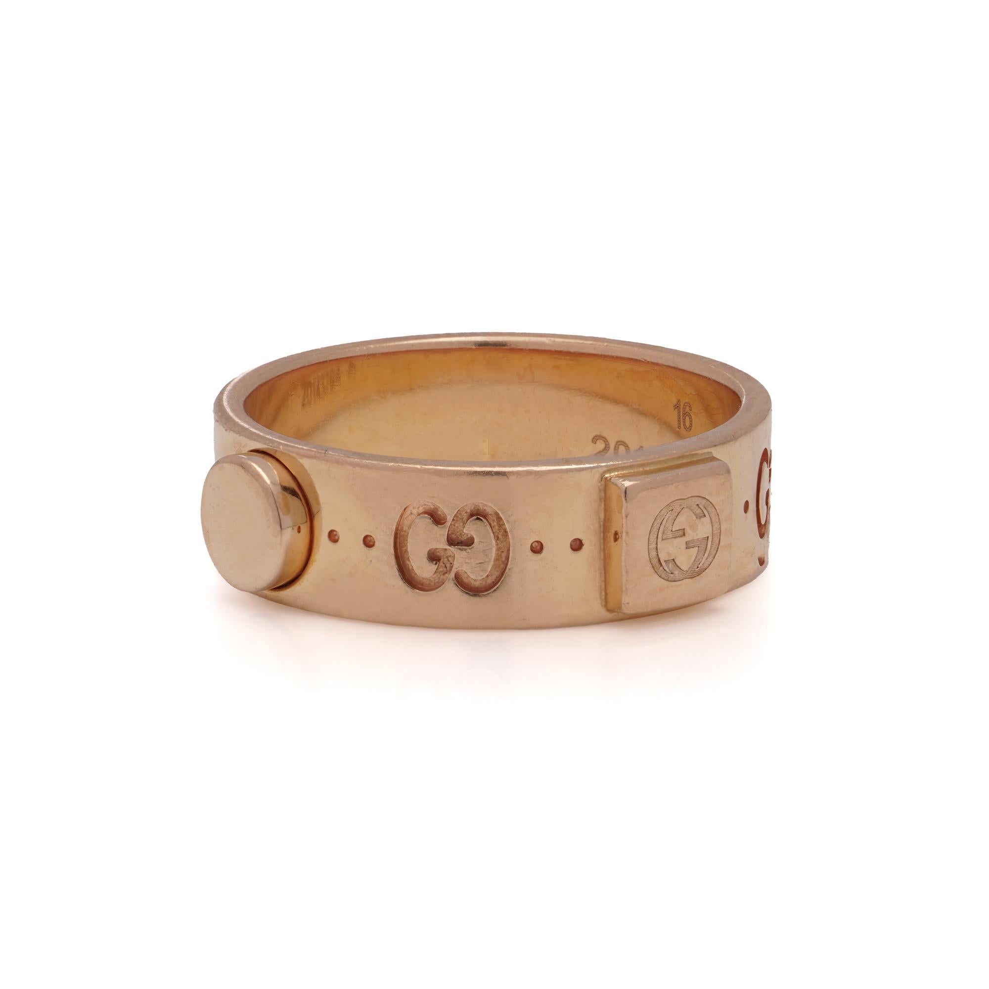 Gucci 18kt rose gold Iconic band ring with studs. 
Made in Italy
Maker: Gucci
Fully Hallmarked, Import mark of Switzerland. 

Dimensions -
Finger Size (UK) = P (US) = 8 EU) = 57
Weight: 8.00 grams in total 

Condition: The ring is pre-owned, with
