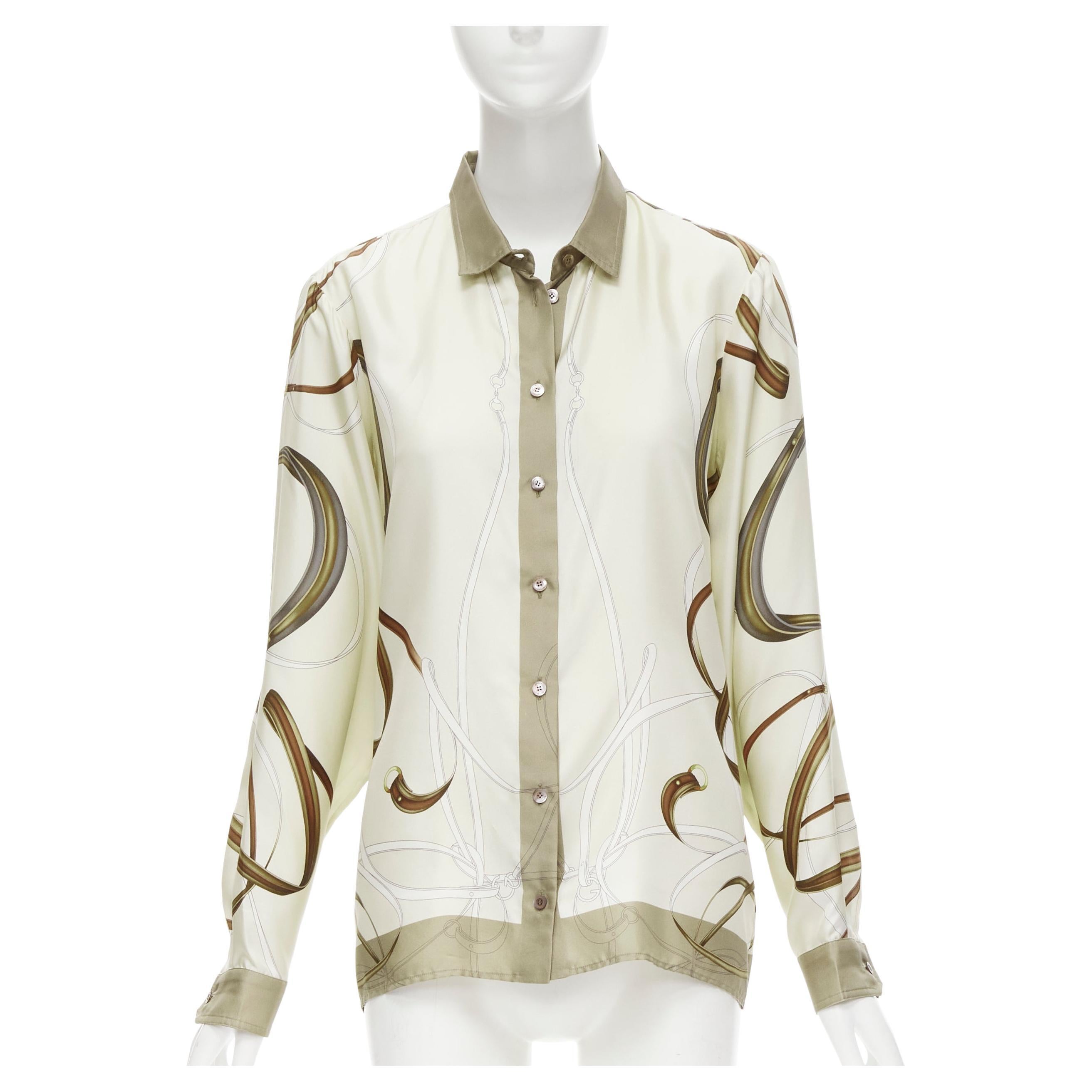 GUCCI 1921 100% siolk green beige horsebit buckle print shirt IT44 L For  Sale at 1stDibs