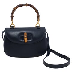 Gucci 1947 Original Issue Navy Leather Handbag With Bamboo Handle