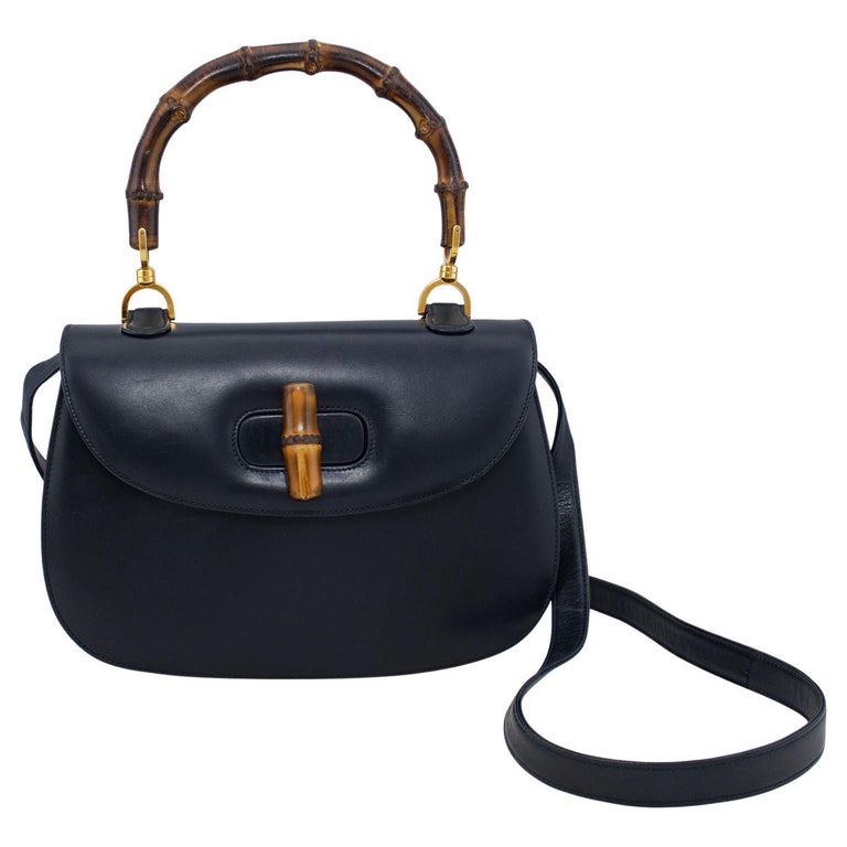 Gucci 1947 Original Issue Navy Leather Handbag With Bamboo Handle For Sale  at 1stDibs