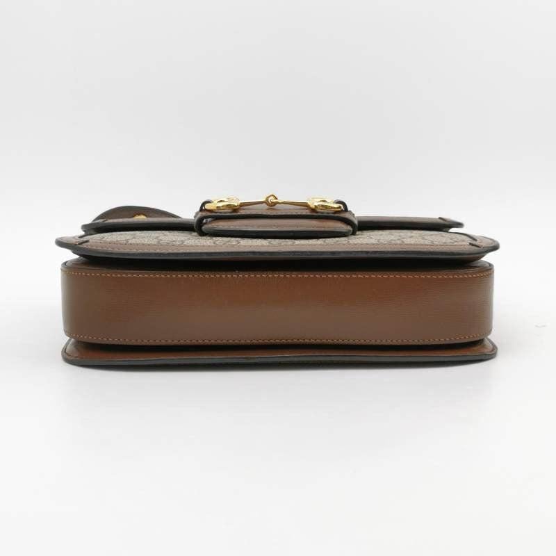 Gucci 1955 Horsebit Bag Small Brown Leather and GG Monogram Canvas In Excellent Condition For Sale In AUBERVILLIERS, FR
