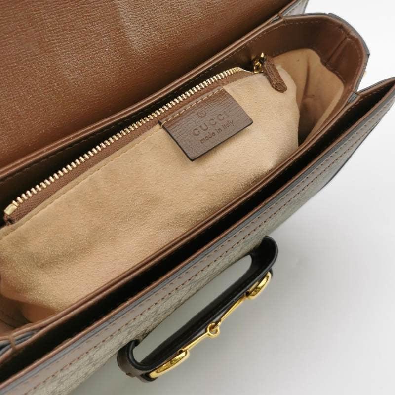 Gucci 1955 Horsebit Bag Small Brown Leather and GG Monogram Canvas For Sale 3