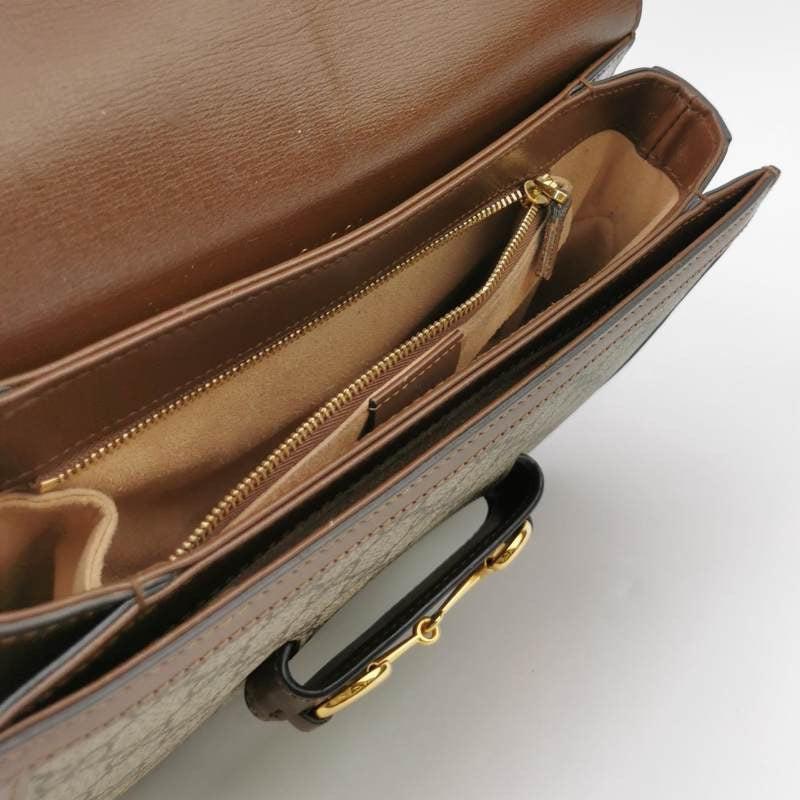 Gucci 1955 Horsebit Bag Small Brown Leather and GG Monogram Canvas For Sale 4