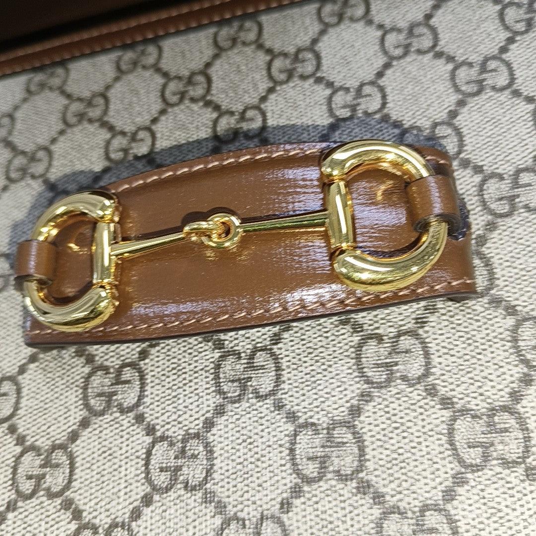 Gucci 1955 Horsebit Bag Tan Brown Small Leather Canvas Monogram For Sale 5