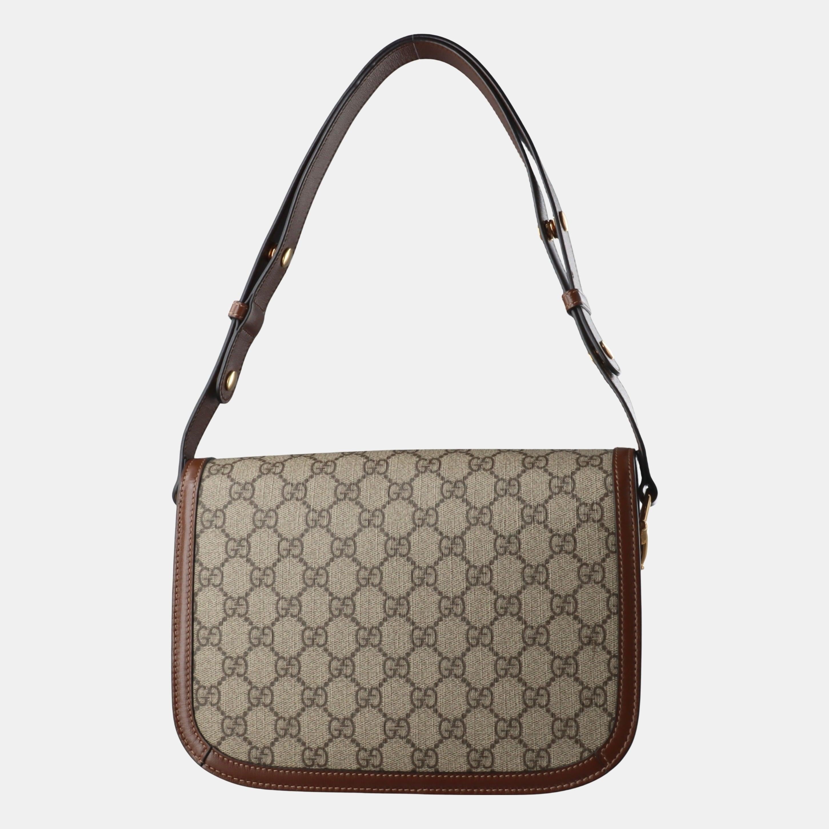 Gucci 1955 Horsebit Bag Tan Brown Small Leather Canvas Monogram In Good Condition For Sale In AUBERVILLIERS, FR