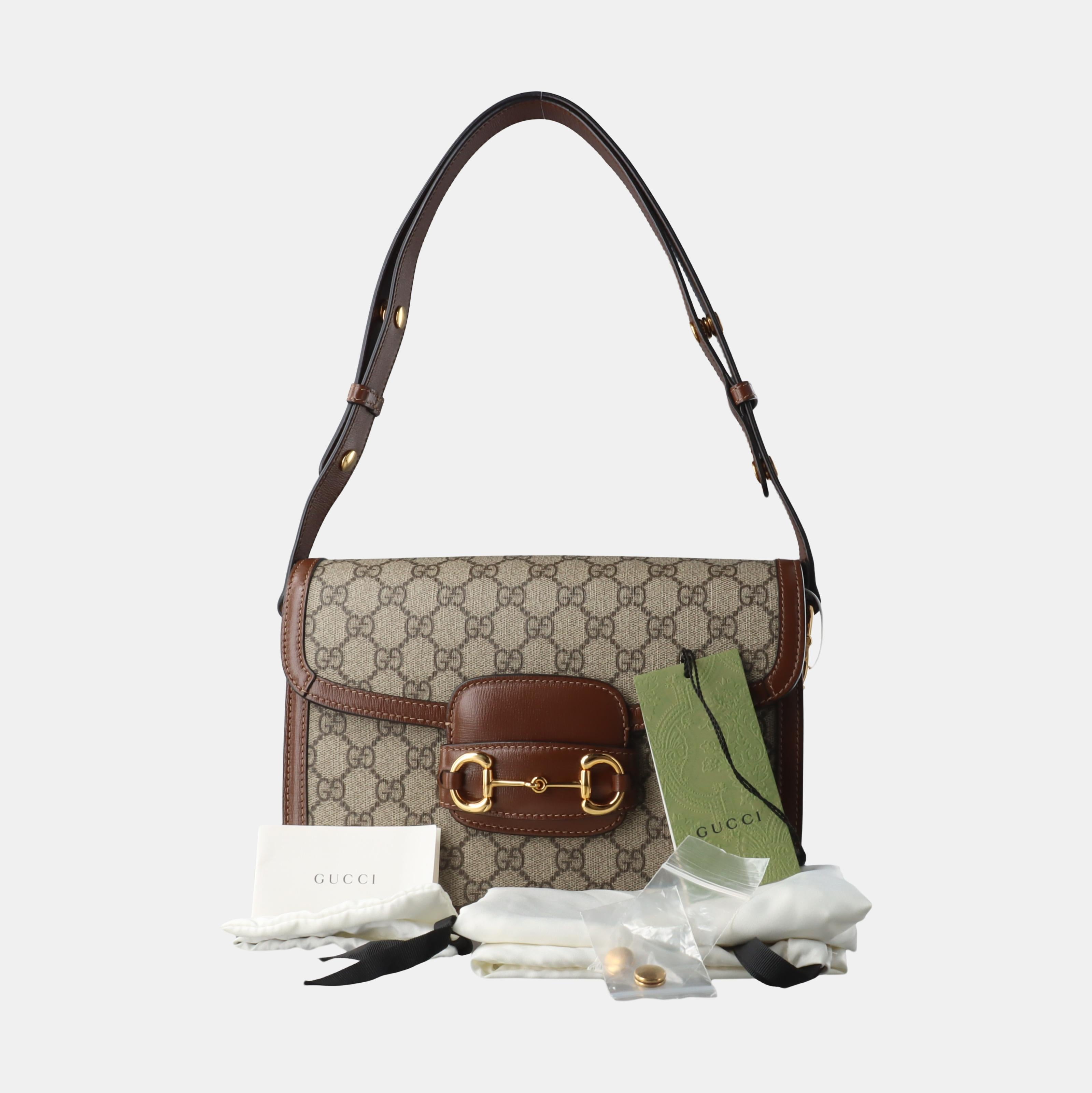 Women's Gucci 1955 Horsebit Bag Tan Brown Small Leather Canvas Monogram For Sale
