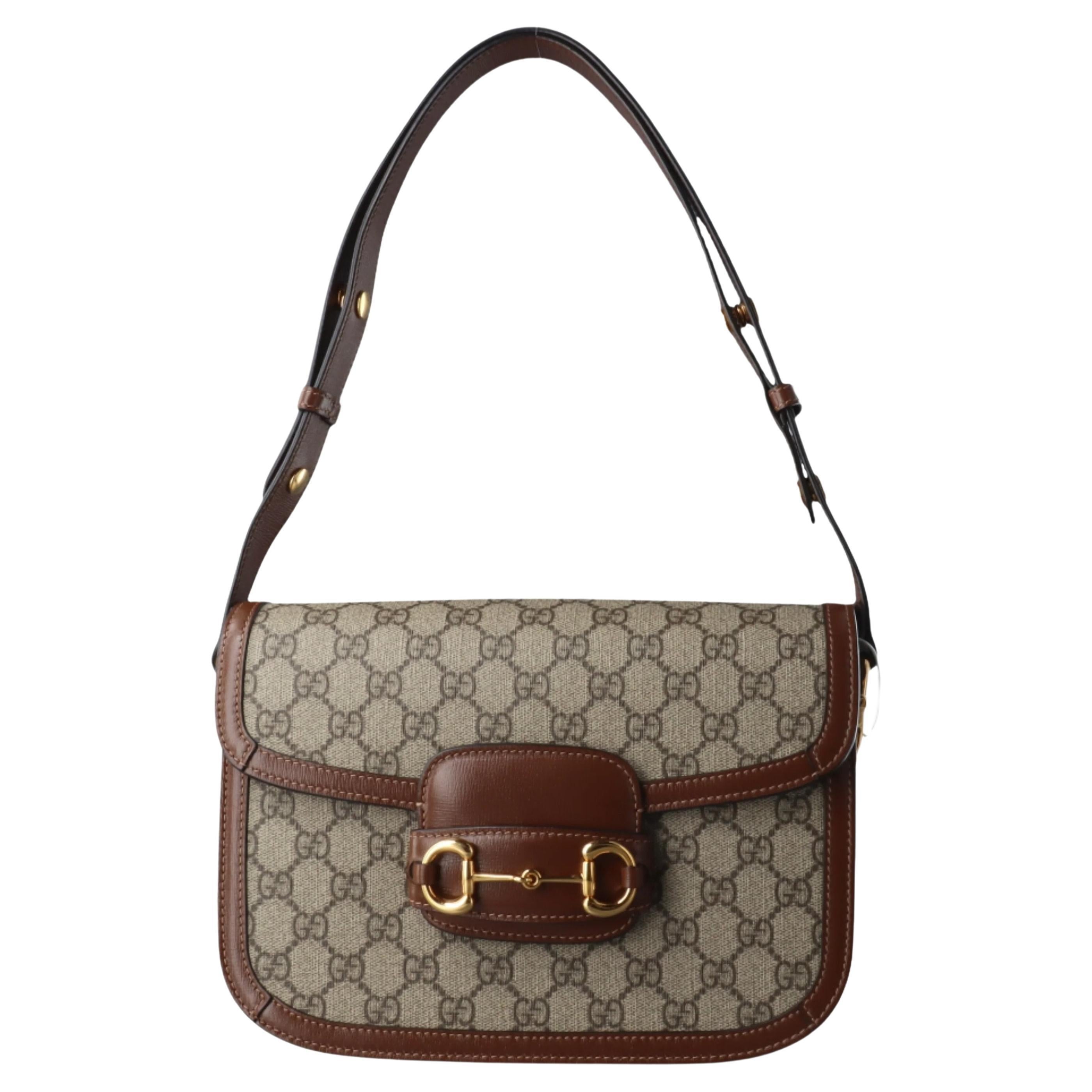 Gucci 1955 Horsebit Bag Tan Brown Small Leather Canvas Monogram For Sale