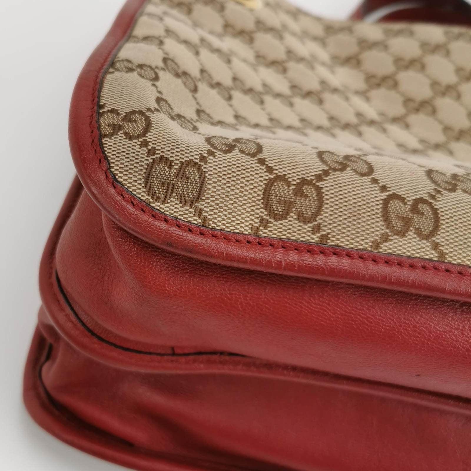 Gucci 1955 Horsebit Chain Tote Red Leather and Monogram Canvas For Sale 5