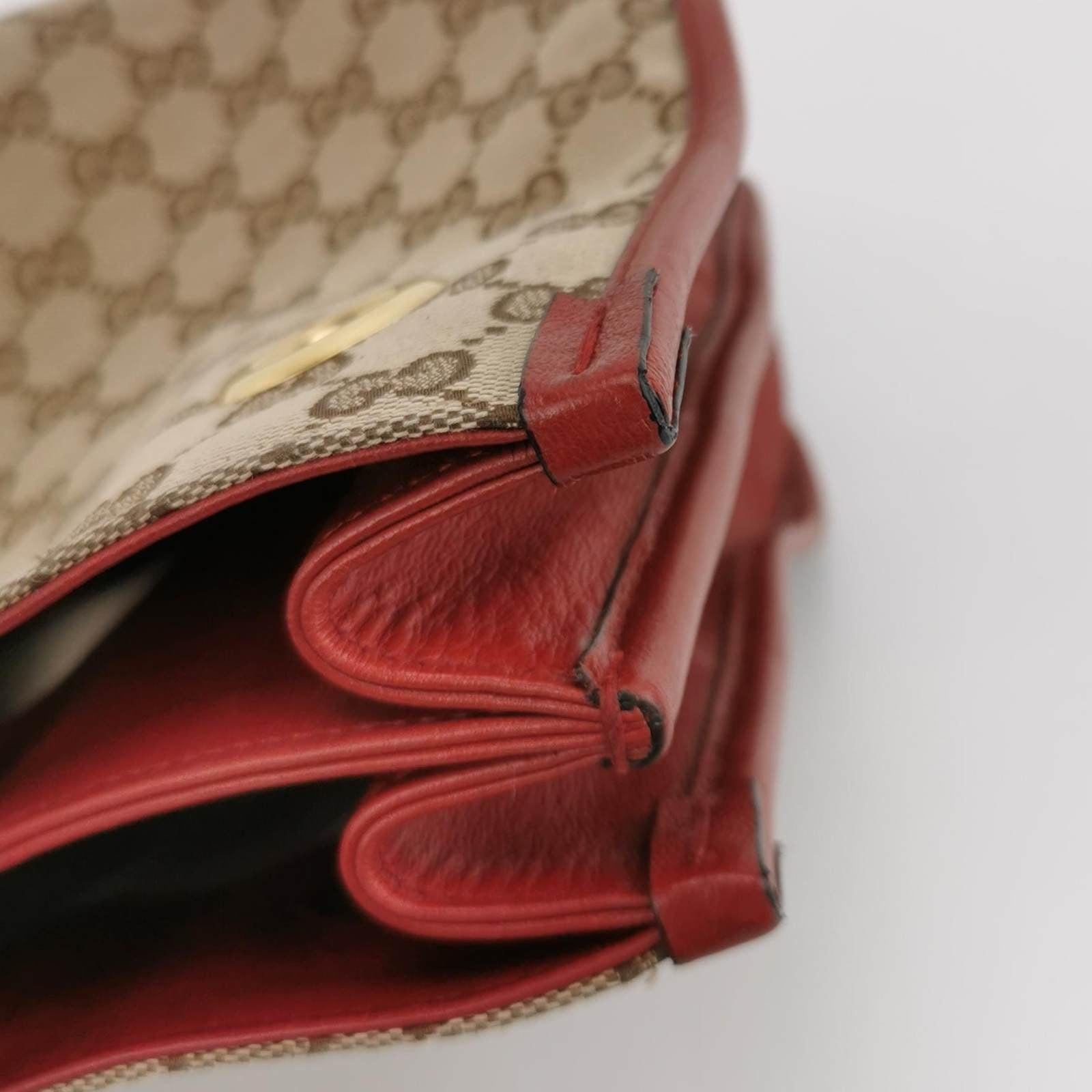 Gucci 1955 Horsebit Chain Tote Red Leather and Monogram Canvas For Sale 6