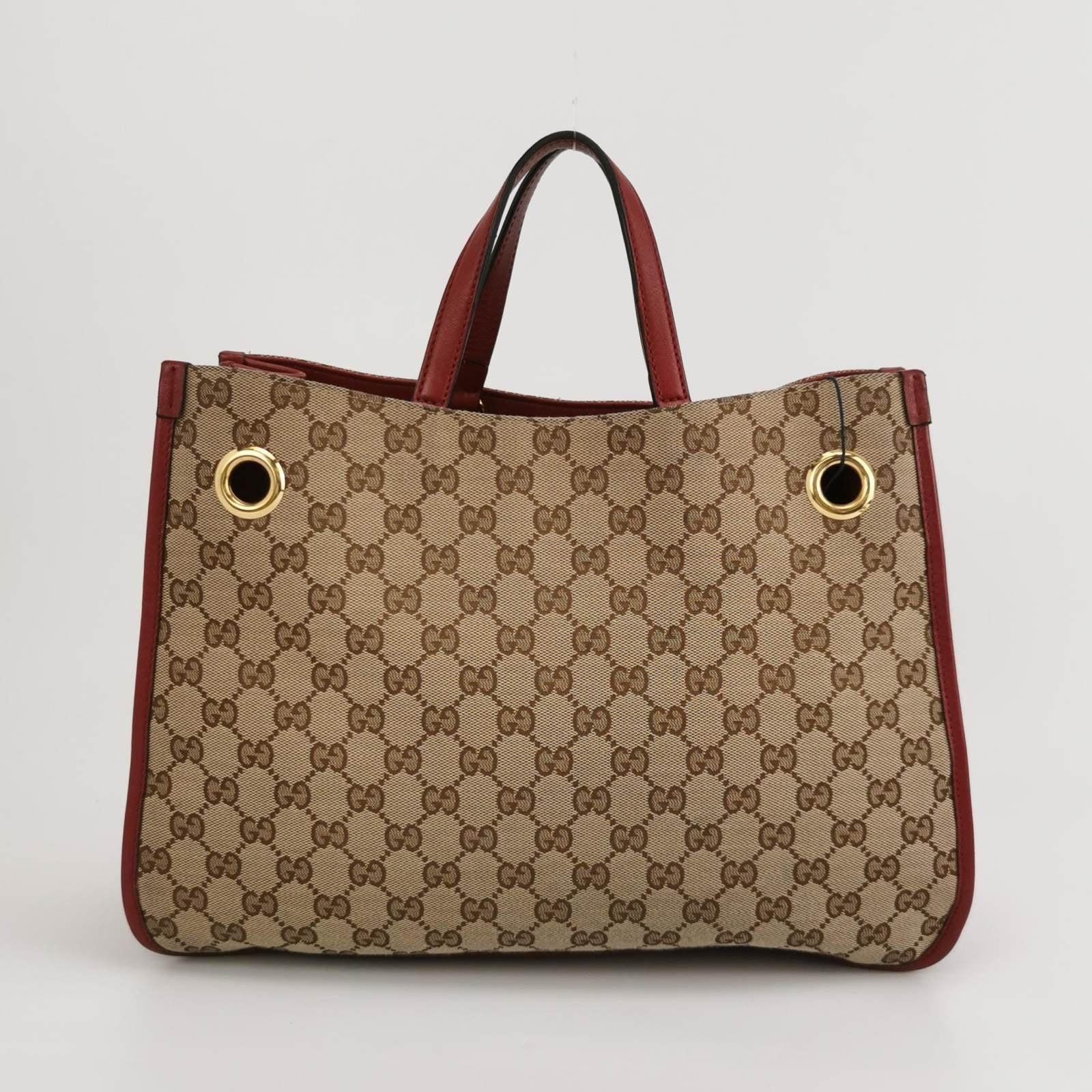 Gucci 1955 Horsebit Chain Tote Red Leather and Monogram Canvas In Excellent Condition For Sale In AUBERVILLIERS, FR