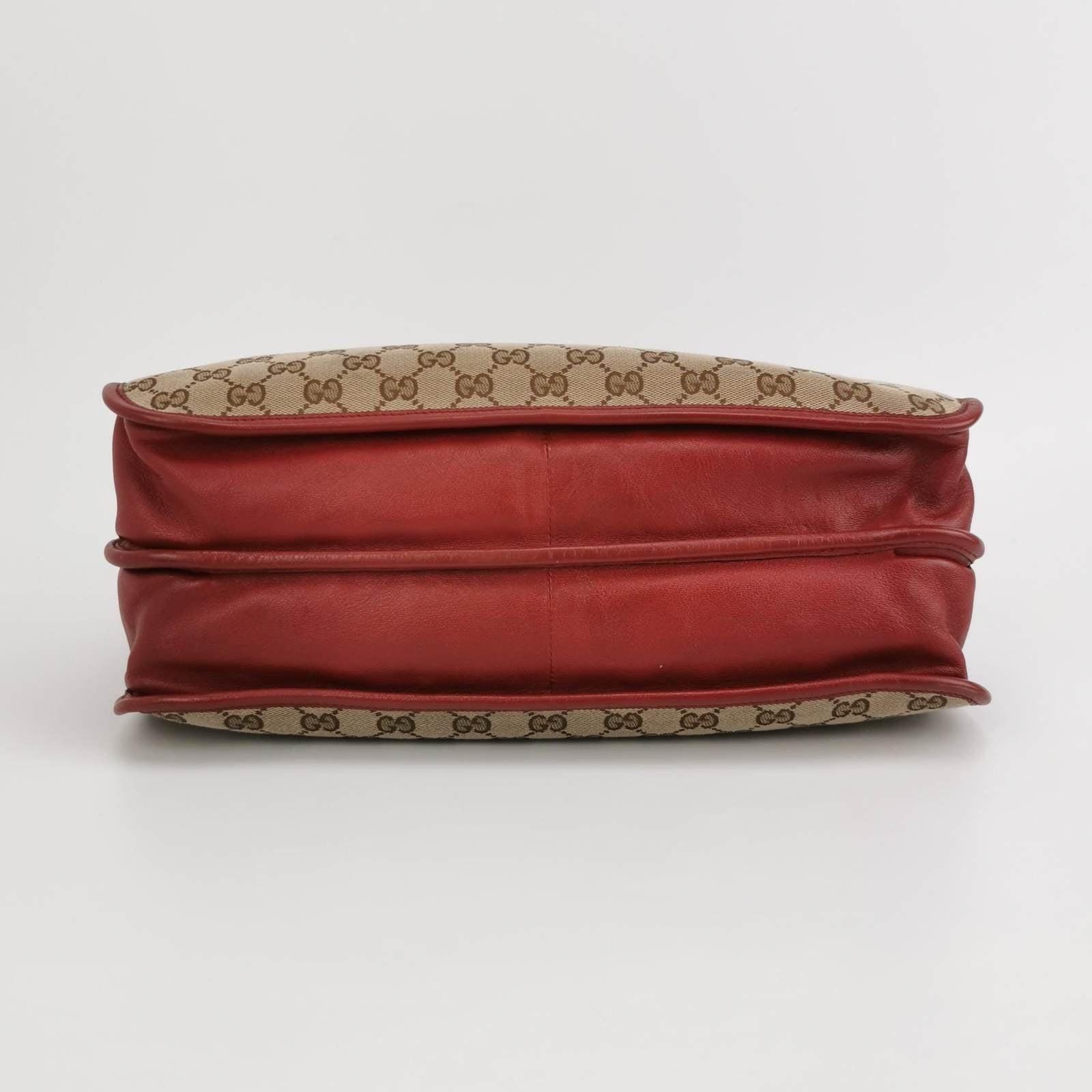 Gucci 1955 Horsebit Chain Tote Red Leather and Monogram Canvas For Sale 2