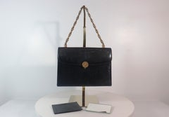 GUCCI 1960s Black Lizard Leather Handbag with Mini Wallet and Mirror