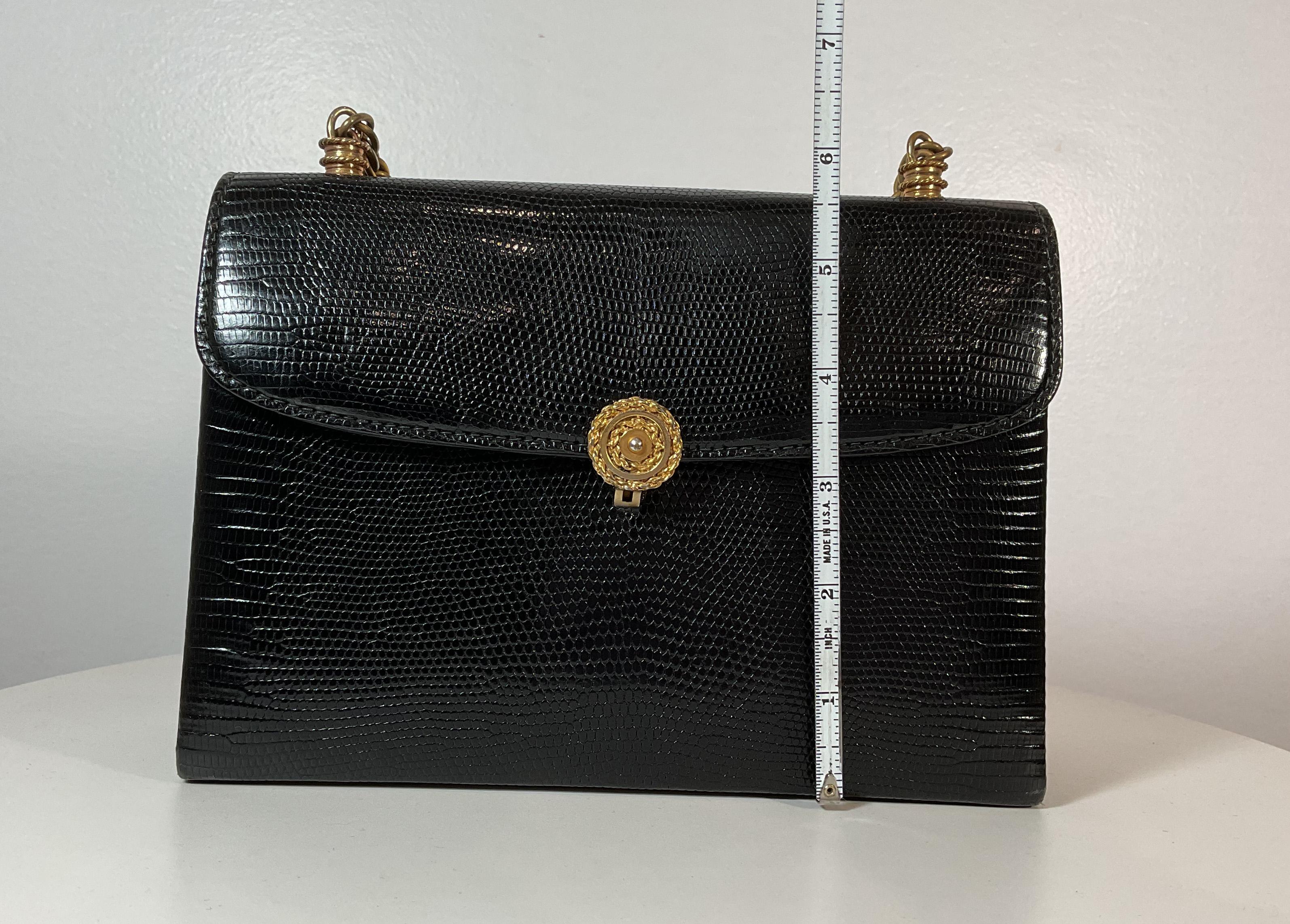 GUCCI 1960s Black Lizard Leather Handbag with Mini Wallet and Mirror For Sale 1