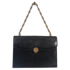Vintage GUCCI 1960s Black Lizard Leather Handbag with Mini Wallet and Mirror