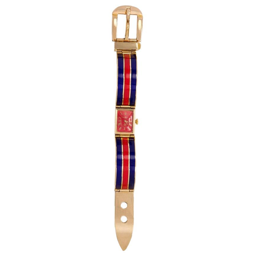 Gucci 1960s Gold and Red and Blue Enamel Bracelet Watch with Buckle Closure