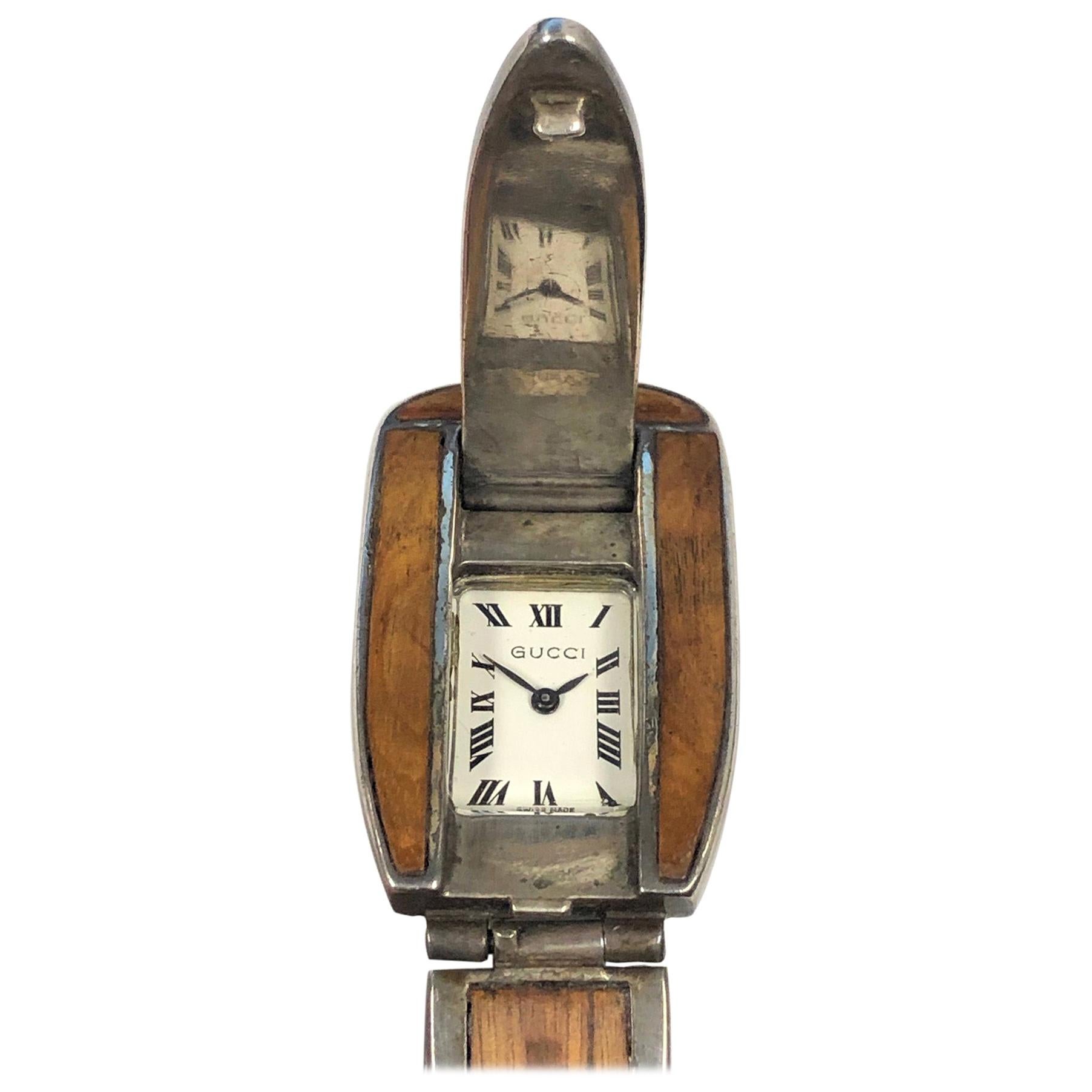 Gucci 1960s Sterling and Wood Hidded Wristwatch