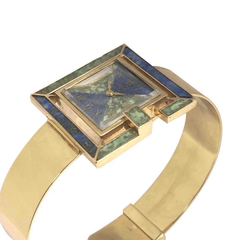 Gucci 1960s Yellow Gold and Stone Set Ladies Bangle Bracelet Watch For