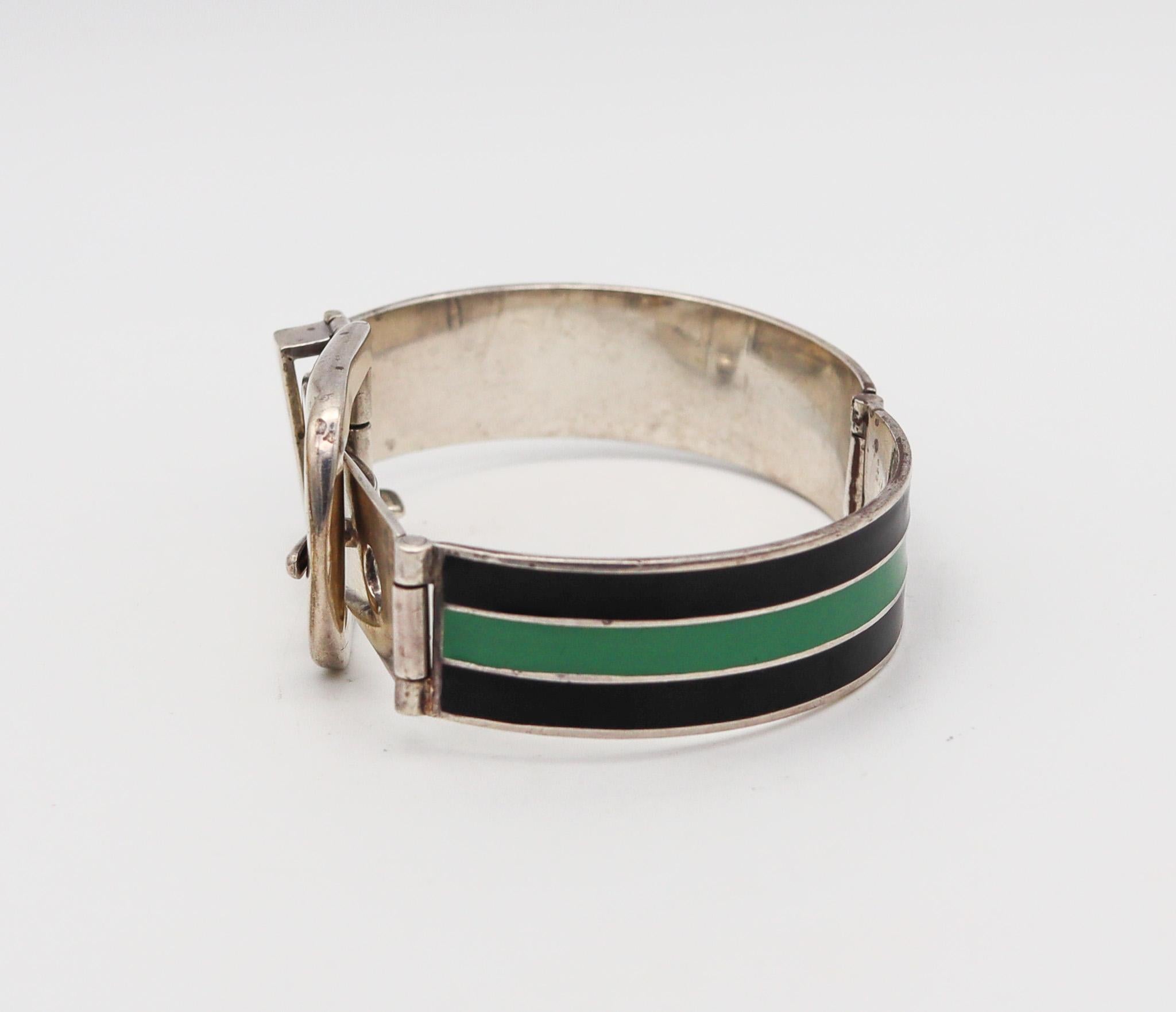 Modernist Gucci 1970 Buckle Bracelet In .925 Sterling Silver With Green And Black Enamel For Sale