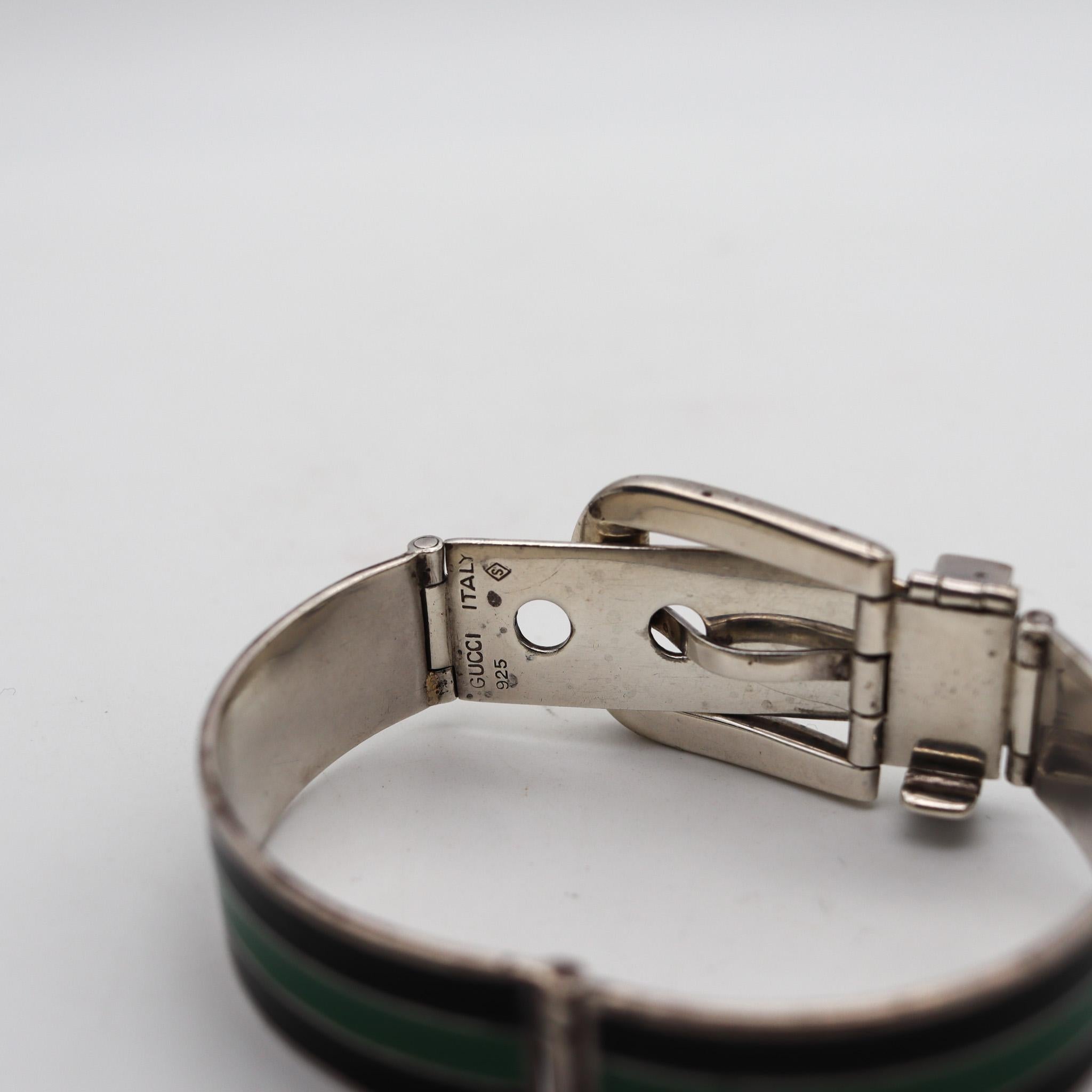 Women's or Men's Gucci 1970 Buckle Bracelet In .925 Sterling Silver With Green And Black Enamel For Sale