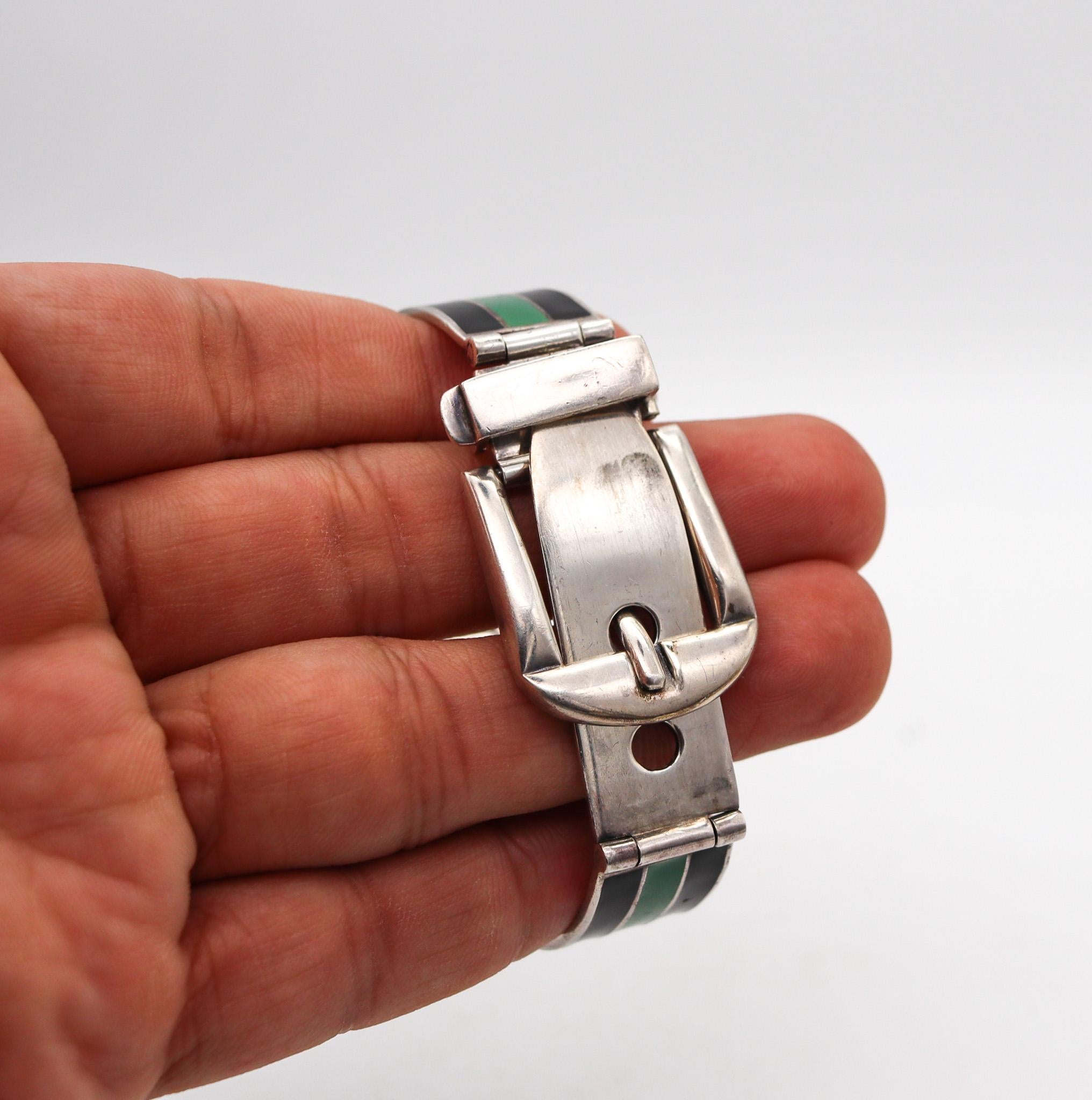Gucci 1970 Buckle Bracelet In .925 Sterling Silver With Green And Black Enamel For Sale 1