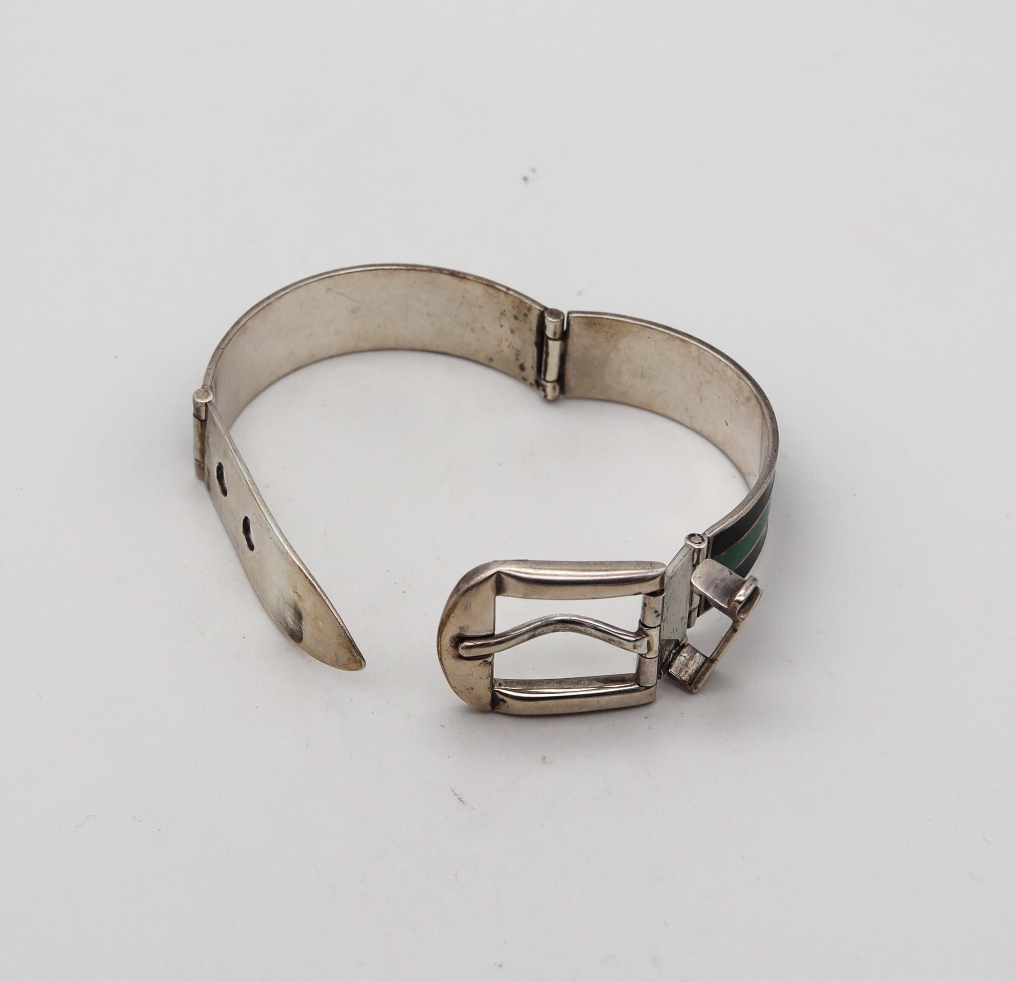 Gucci 1970 Buckle Bracelet In .925 Sterling Silver With Green And Black Enamel For Sale 2