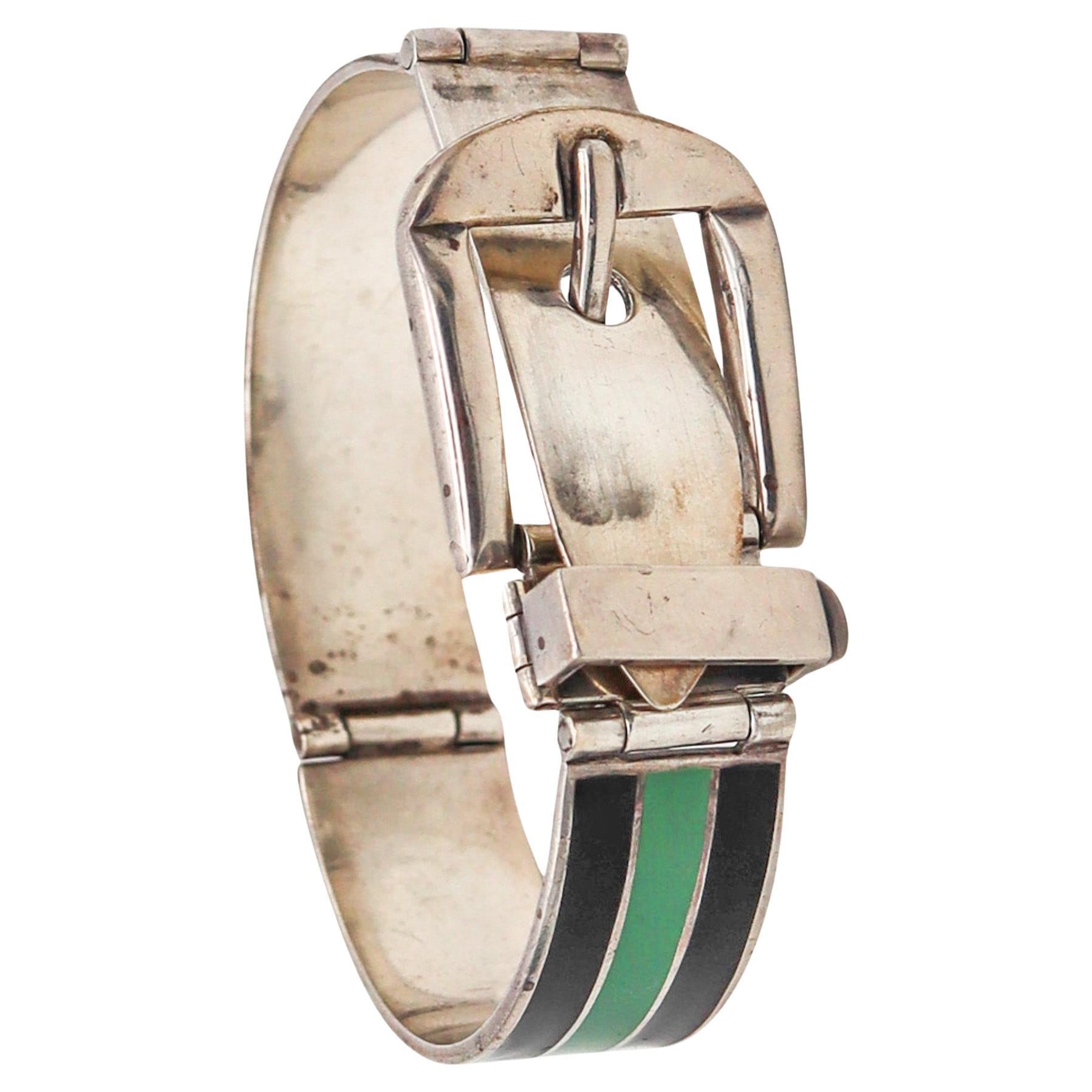 Gucci 1970 Buckle Bracelet In .925 Sterling Silver With Green And Black Enamel For Sale