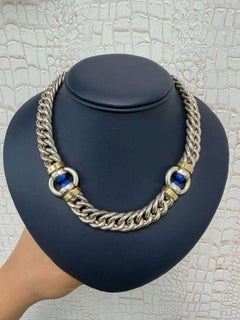 GUCCI 1970 Firenze Modernist Necklace In Solid .925 Sterling 18Kts Gold & Lapis