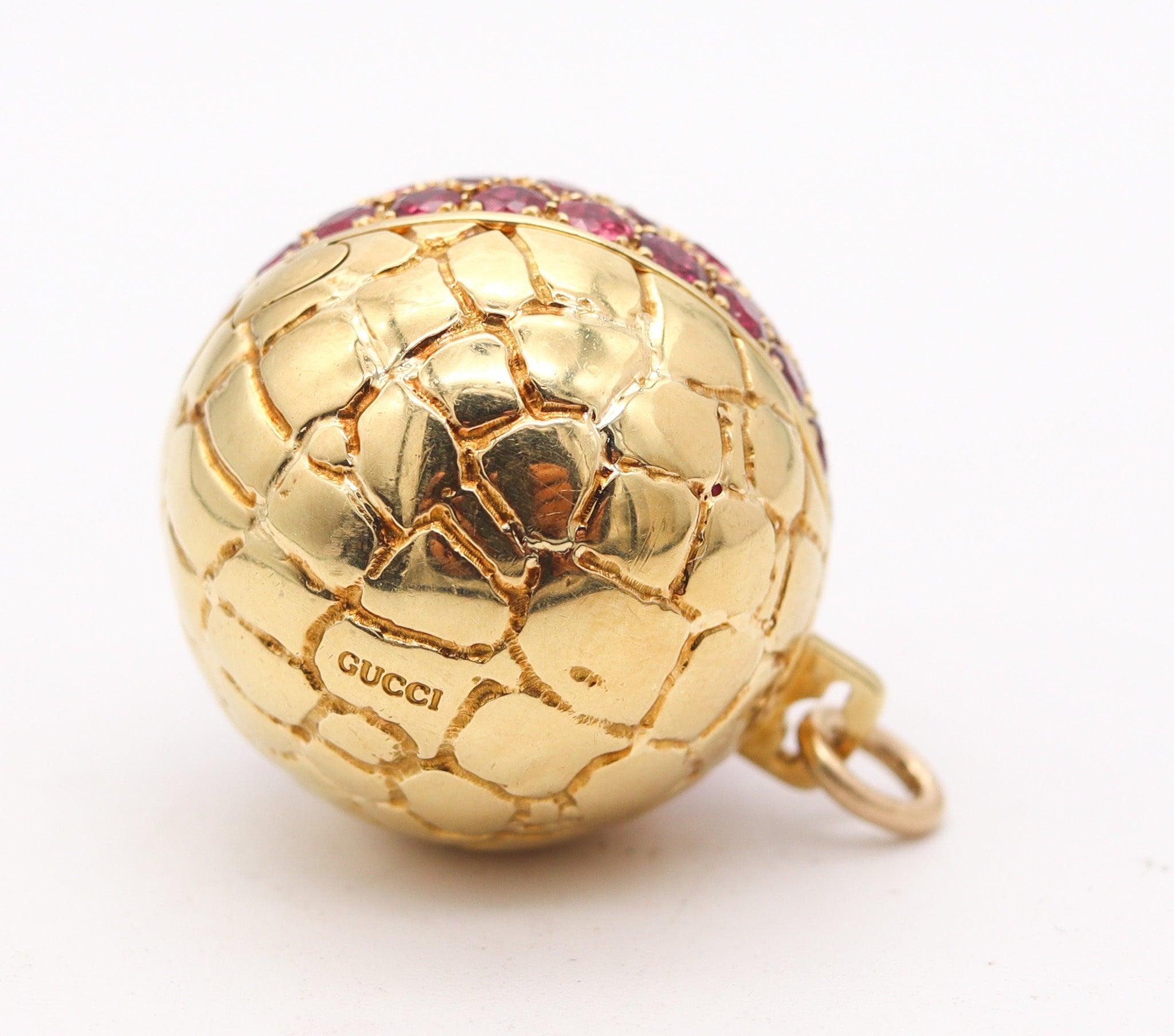 Round Cut GUCCI 1970 Milano Secret-Box Ball Pendant In 18Kt Gold With 8.35 Ctw Rubies For Sale