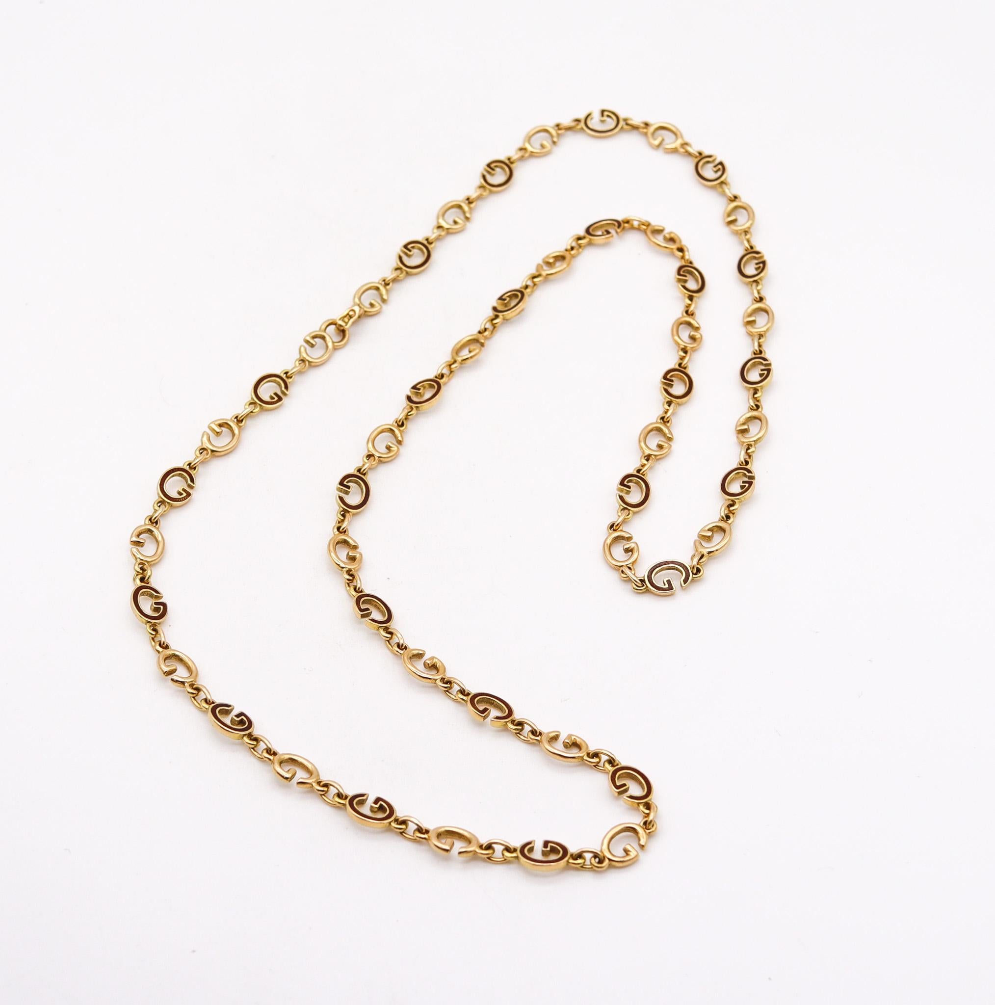 Long G necklace sautoir designed by Gucci.

Very rare statement piece, created in Milano Italy by the luxury house of Gucci, back in the 1970's. This vintage long drop sautoir necklace, was crafted with multiples links in the shapes of G's in solid