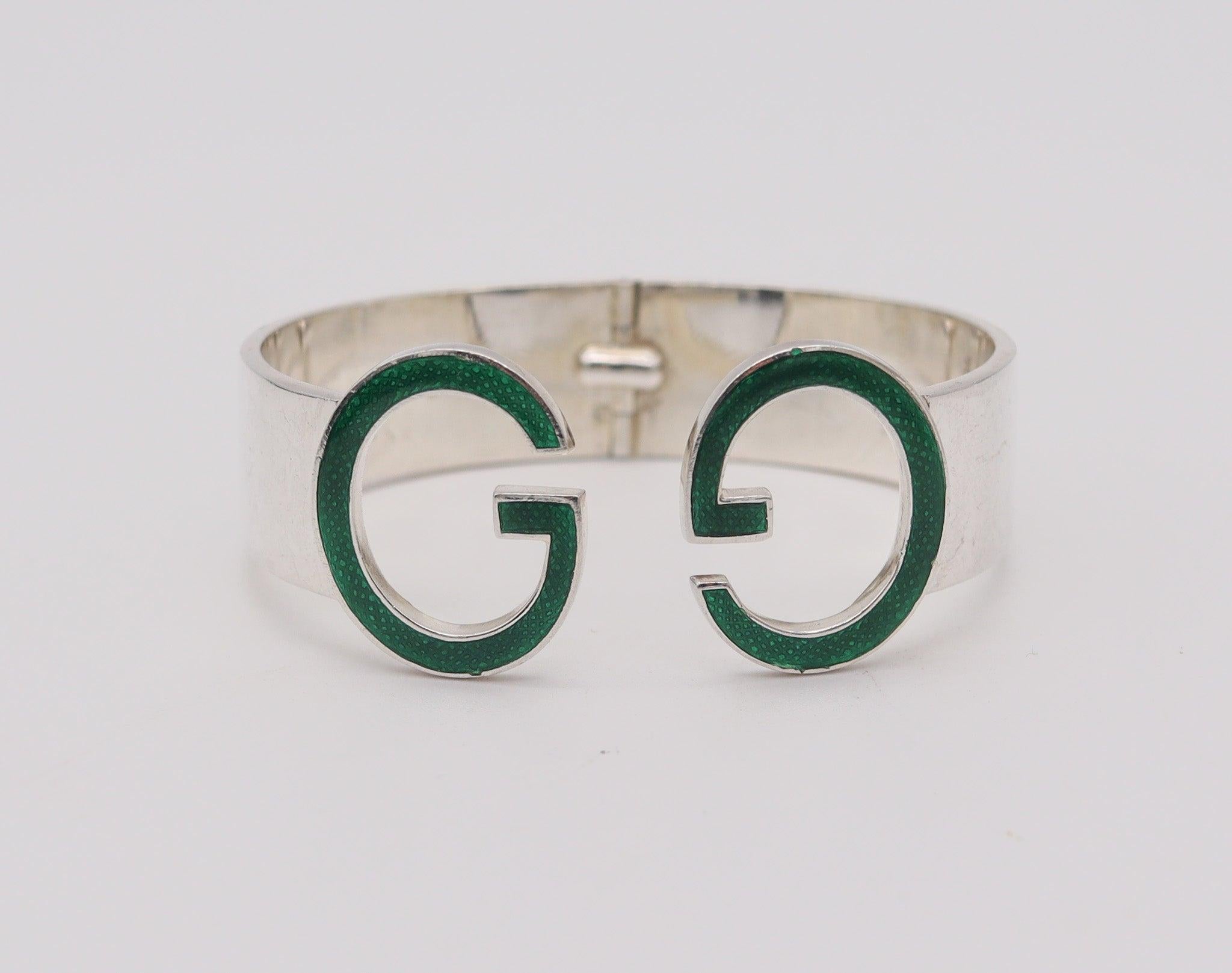 Modernist GUCCI 1970 Milano Vintage Enameled Double G's Cuff Bracelet In .925 Sterling