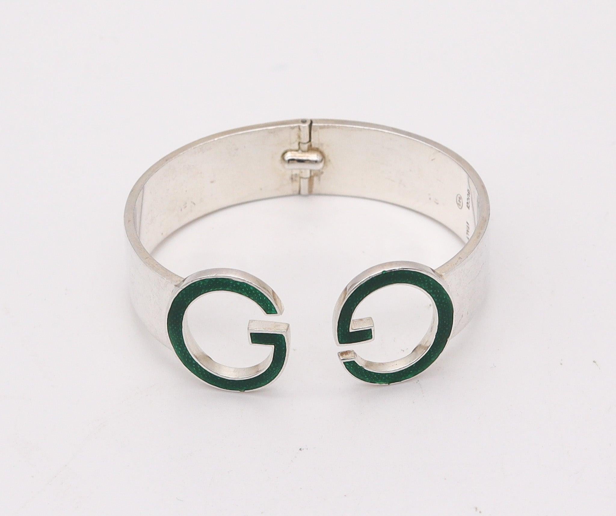 GUCCI 1970 Milano Vintage Enameled Double G's Cuff Bracelet In .925 Sterling In Excellent Condition In Miami, FL