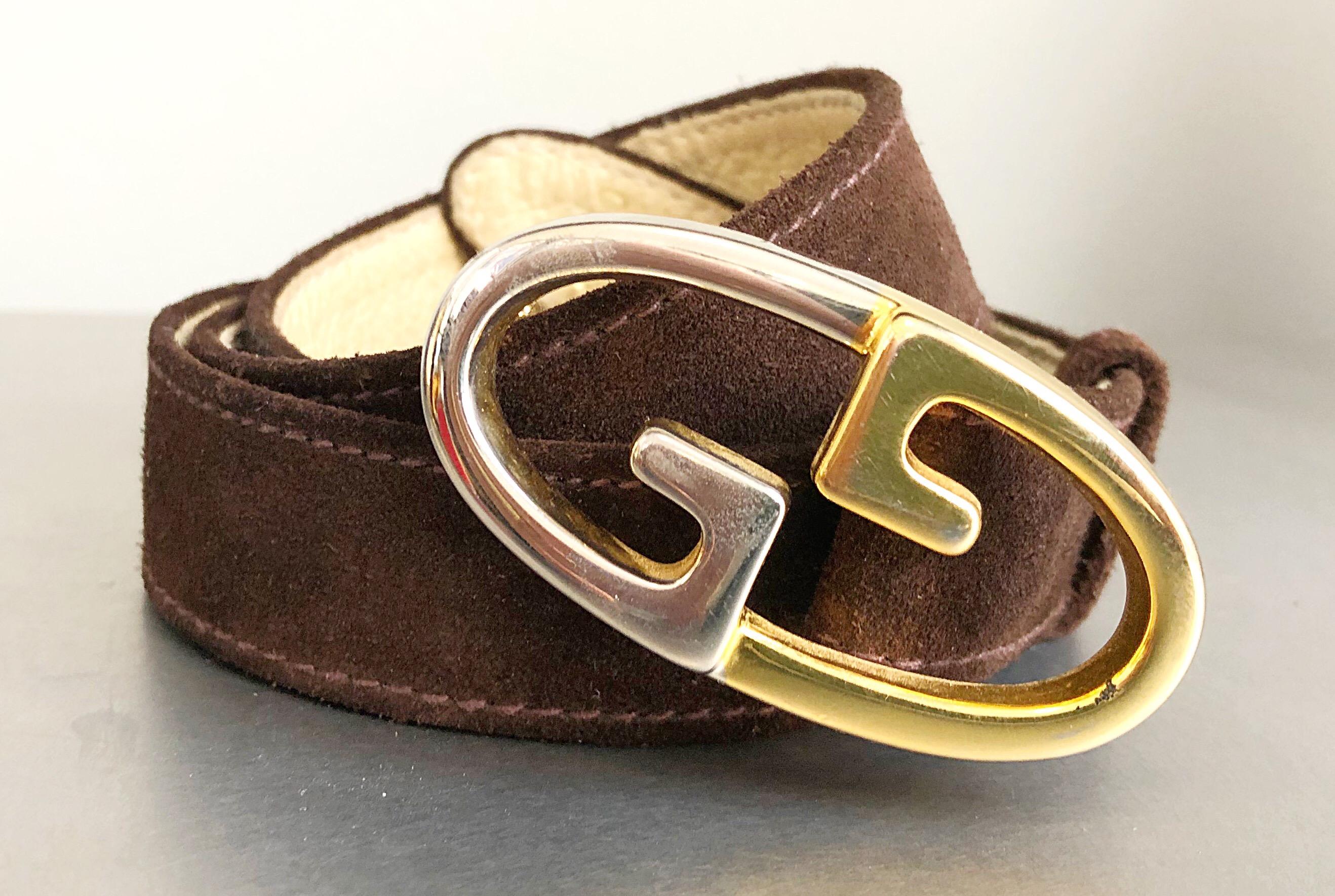 Gucci 1970s Brown Suede Gold / Silver Two Tone Logo Vintage 70s Thin Belt 3