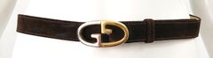 Gucci 1970s Brown Suede Gold / Silver Two Tone Logo Vintage 70s Thin Belt