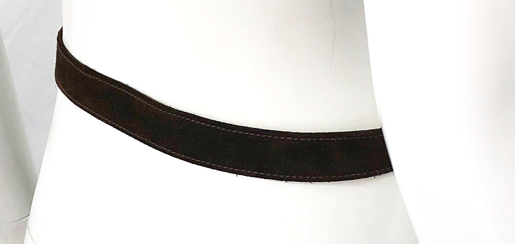 Gucci 1970s Brown Suede Gold / Silver Two Tone Logo Vintage 70s Thin Belt In Excellent Condition In San Diego, CA