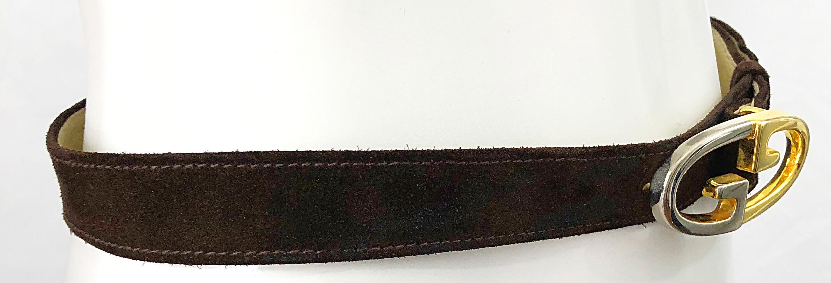 Women's Gucci 1970s Brown Suede Gold / Silver Two Tone Logo Vintage 70s Thin Belt