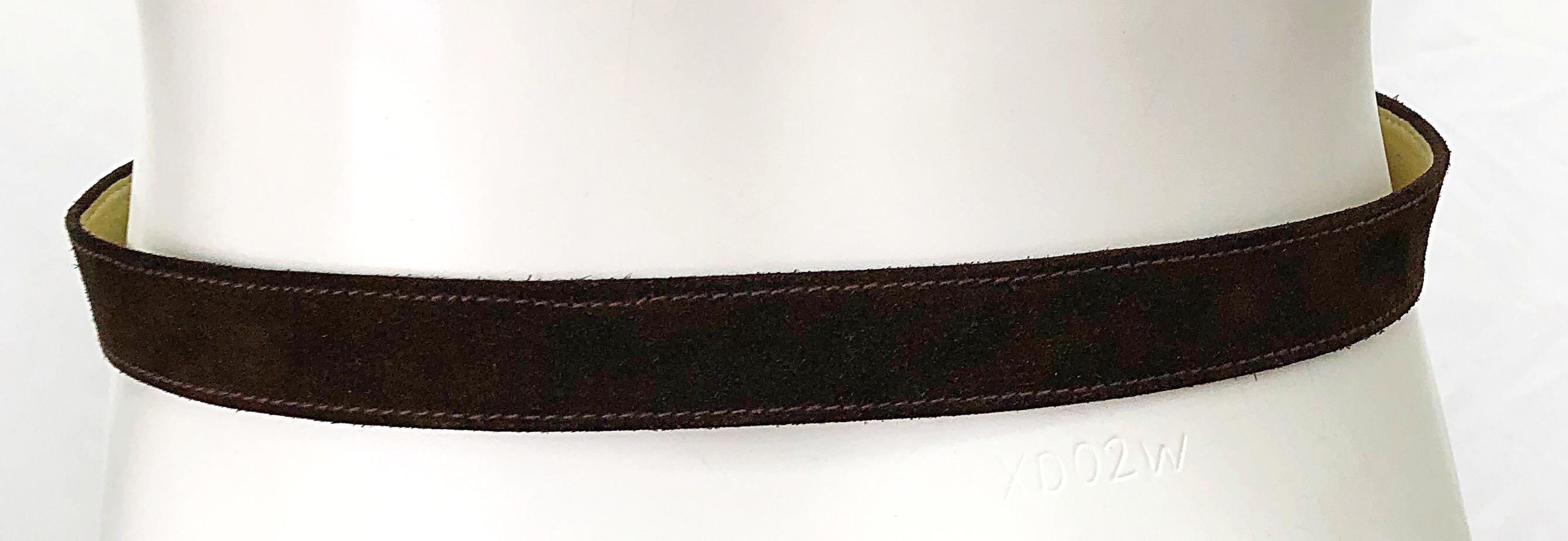 Gucci 1970s Brown Suede Gold / Silver Two Tone Logo Vintage 70s Thin Belt 1