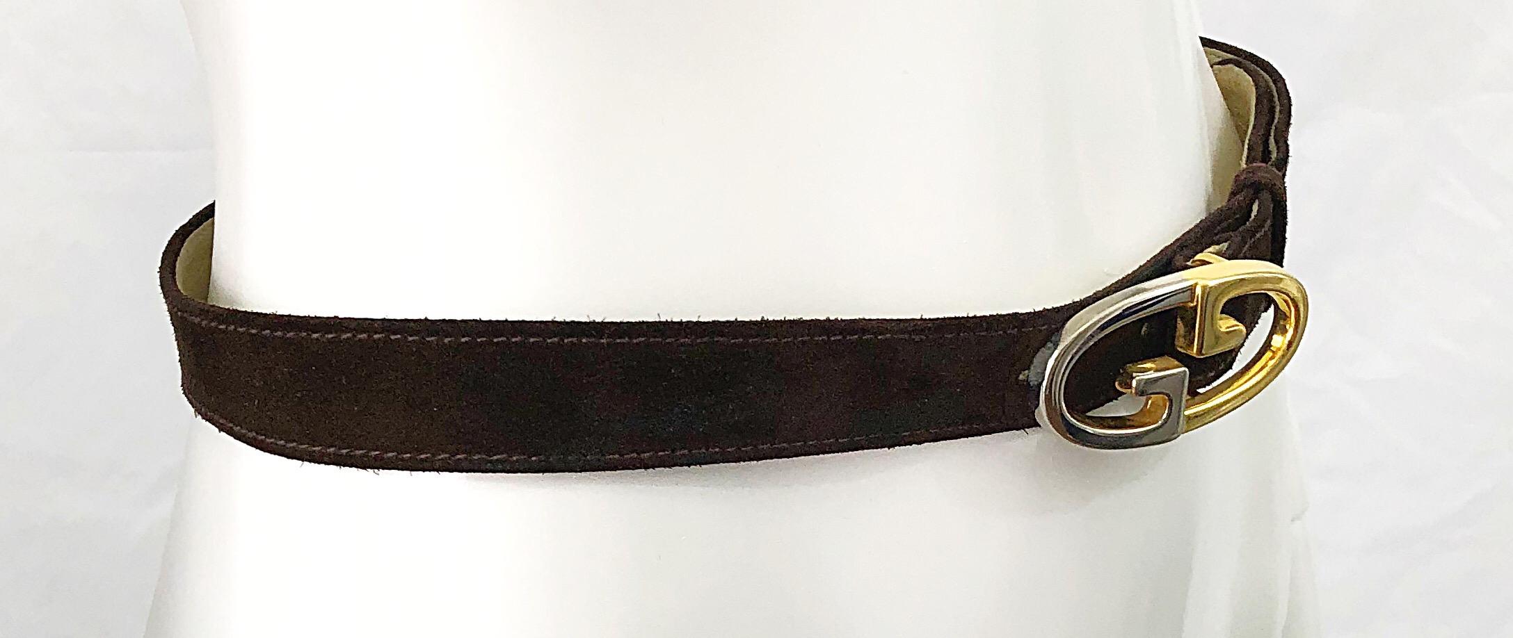 Gucci 1970s Brown Suede Gold / Silver Two Tone Logo Vintage 70s Thin Belt 2