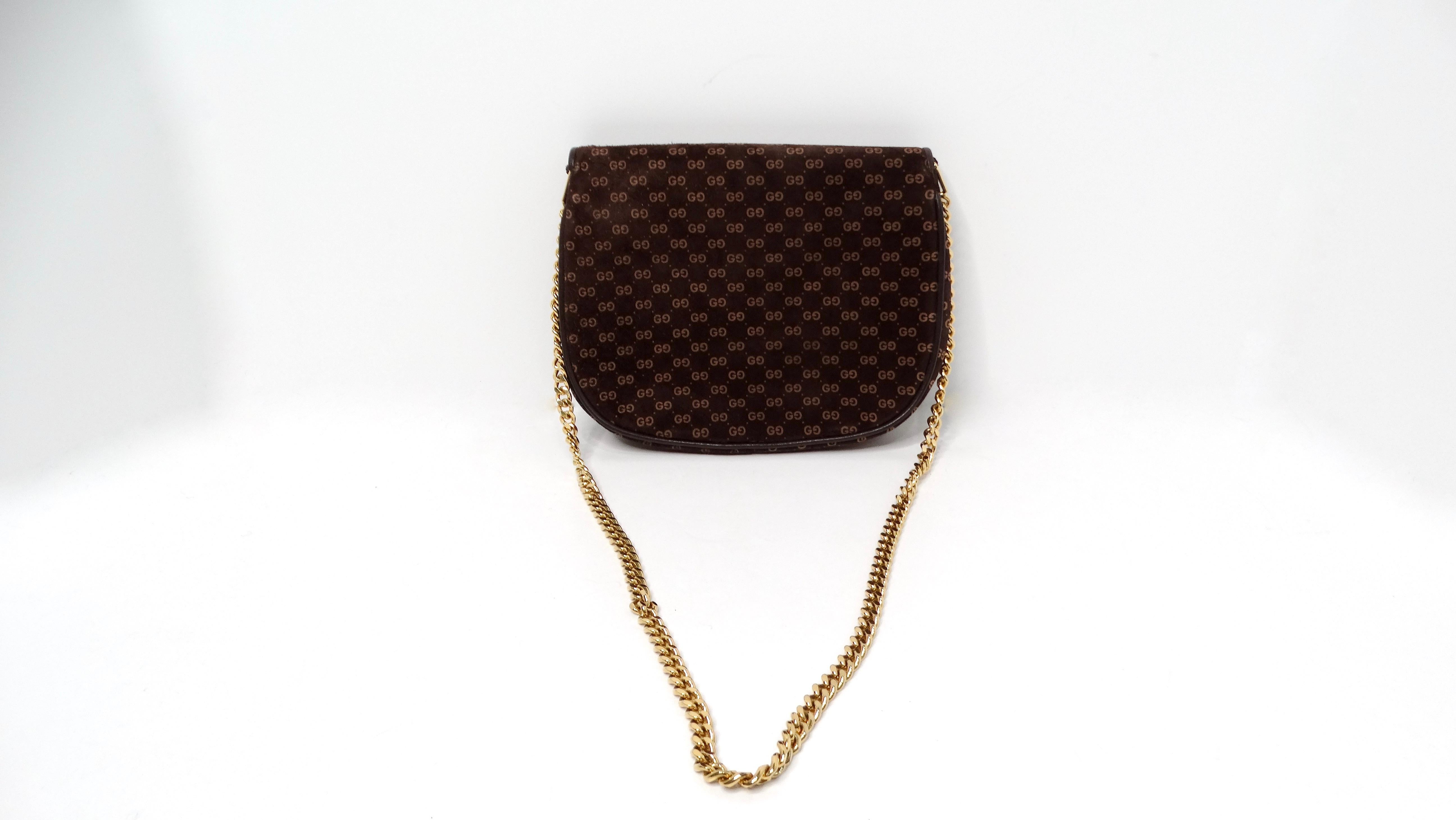 Mini bolso cruzado Gucci 1970s Brown Suede OG Monogram Blondie Gold-Tone Logo en Bueno estado para la venta en Scottsdale, AZ