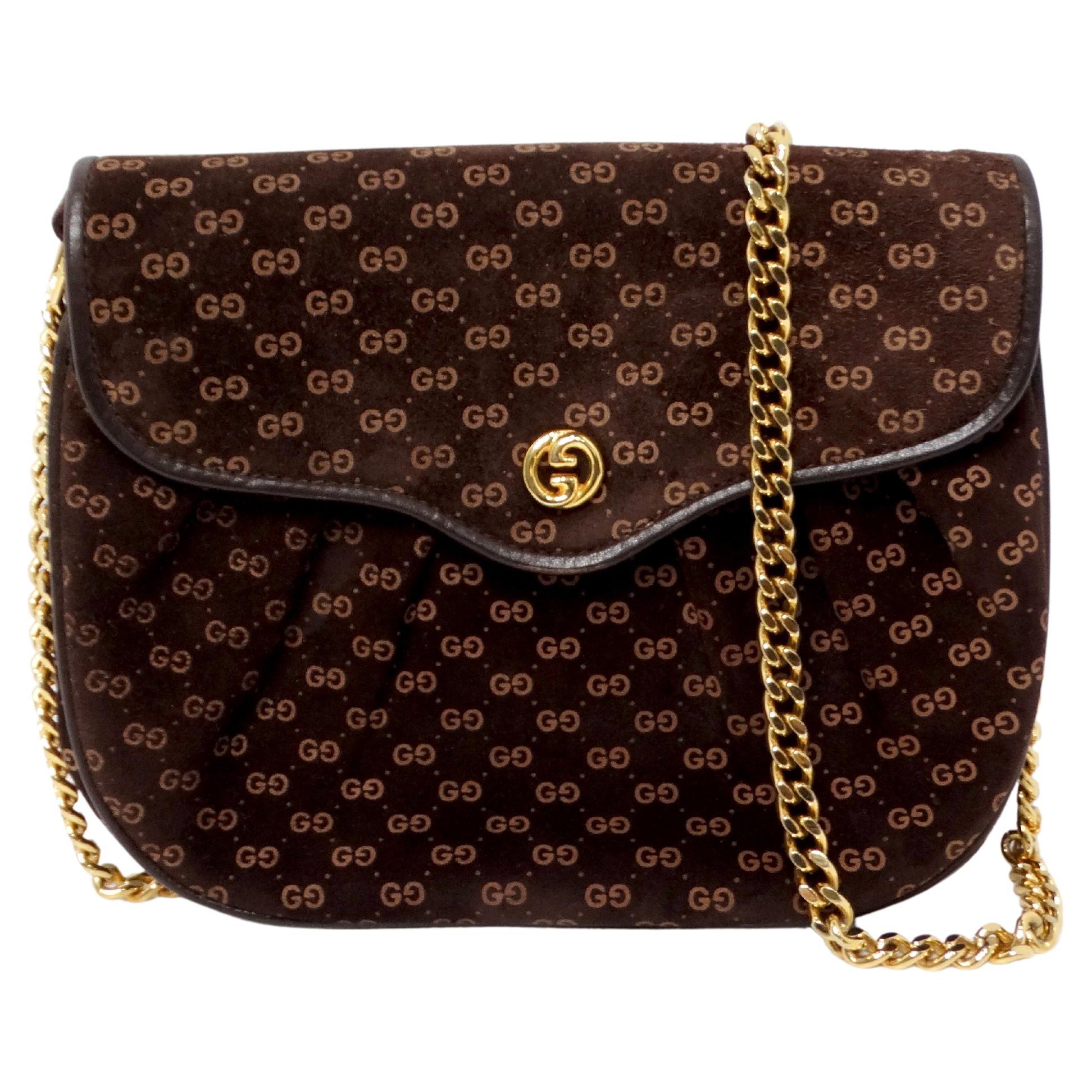 Mini bolso cruzado Gucci 1970s Brown Suede OG Monogram Blondie Gold-Tone Logo en venta
