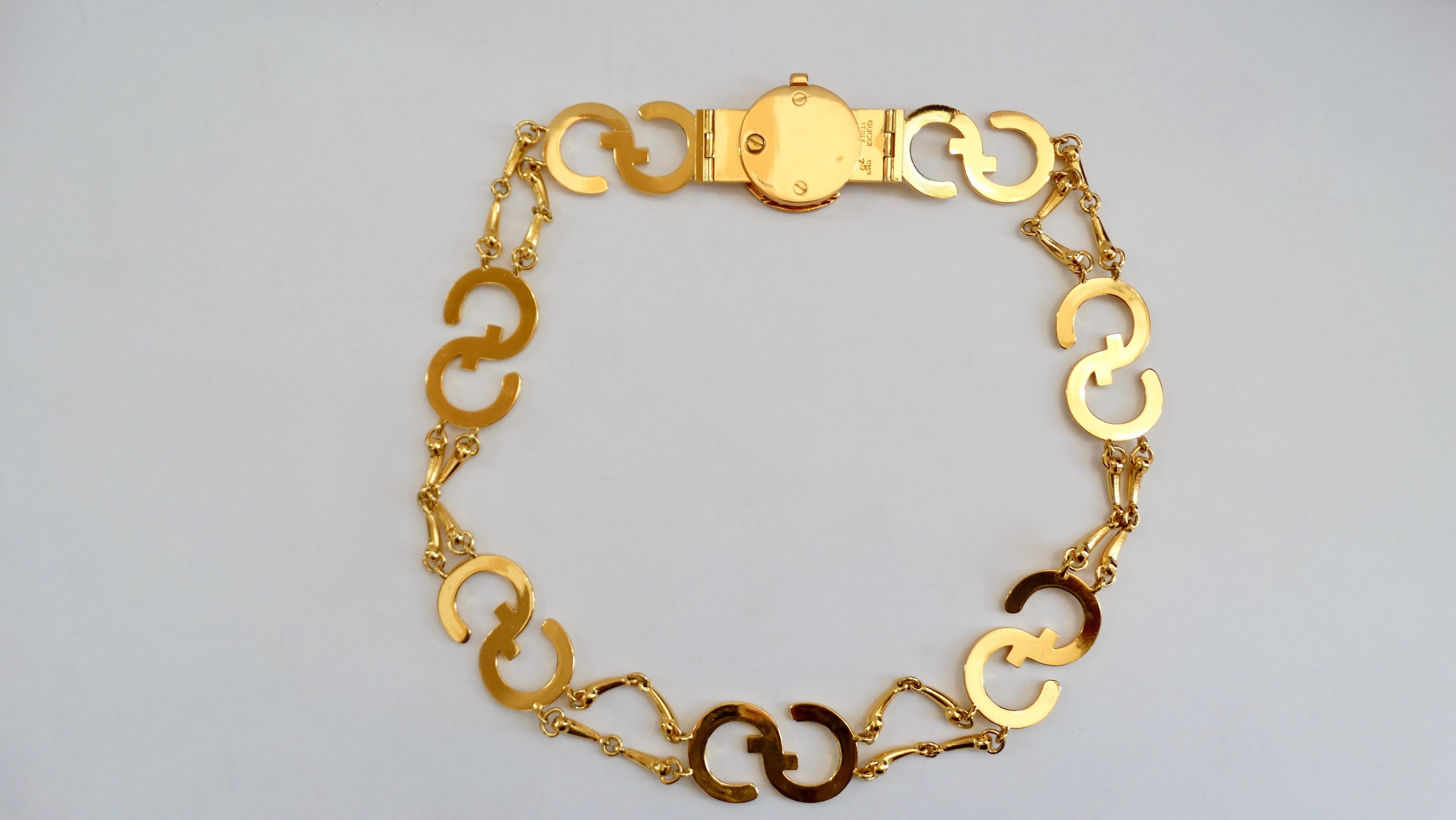 Brown Gucci 1970s Gold Logo Chain Belt 